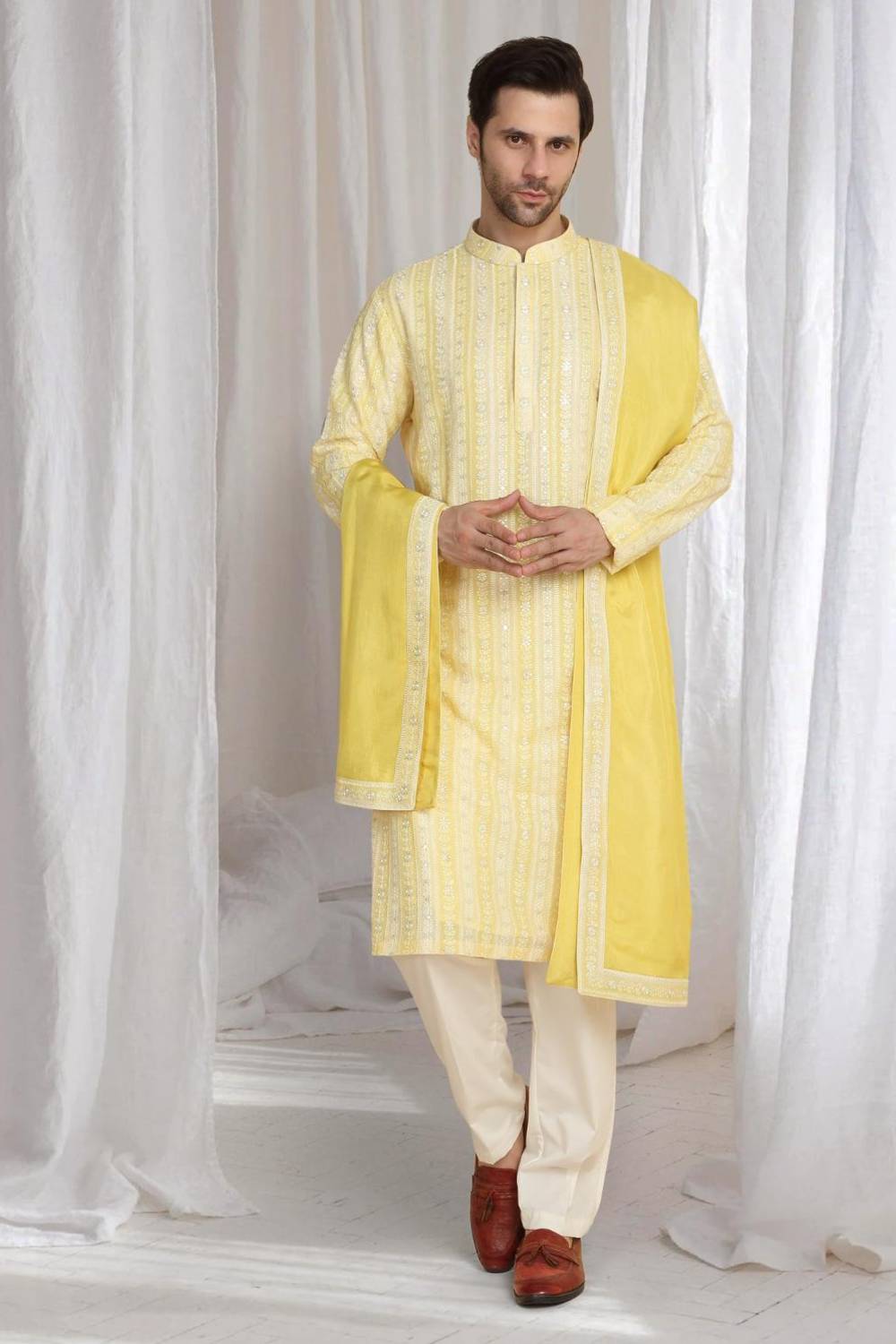 Prafull Yellow Cotton Embroidery Pastel Kurta Set