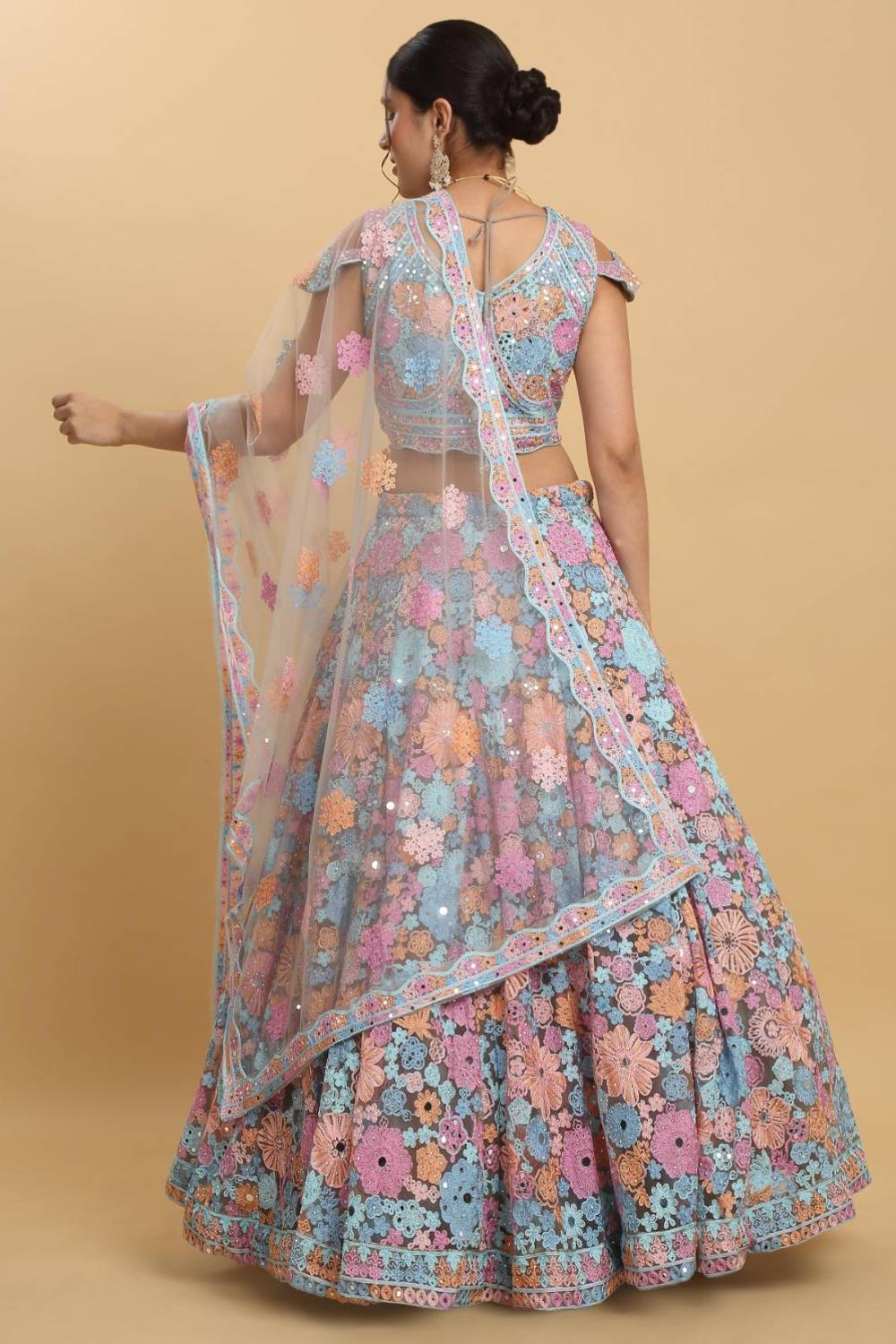 Bahaara  Thread And Mirror Embroidered Layered Lehenga Set