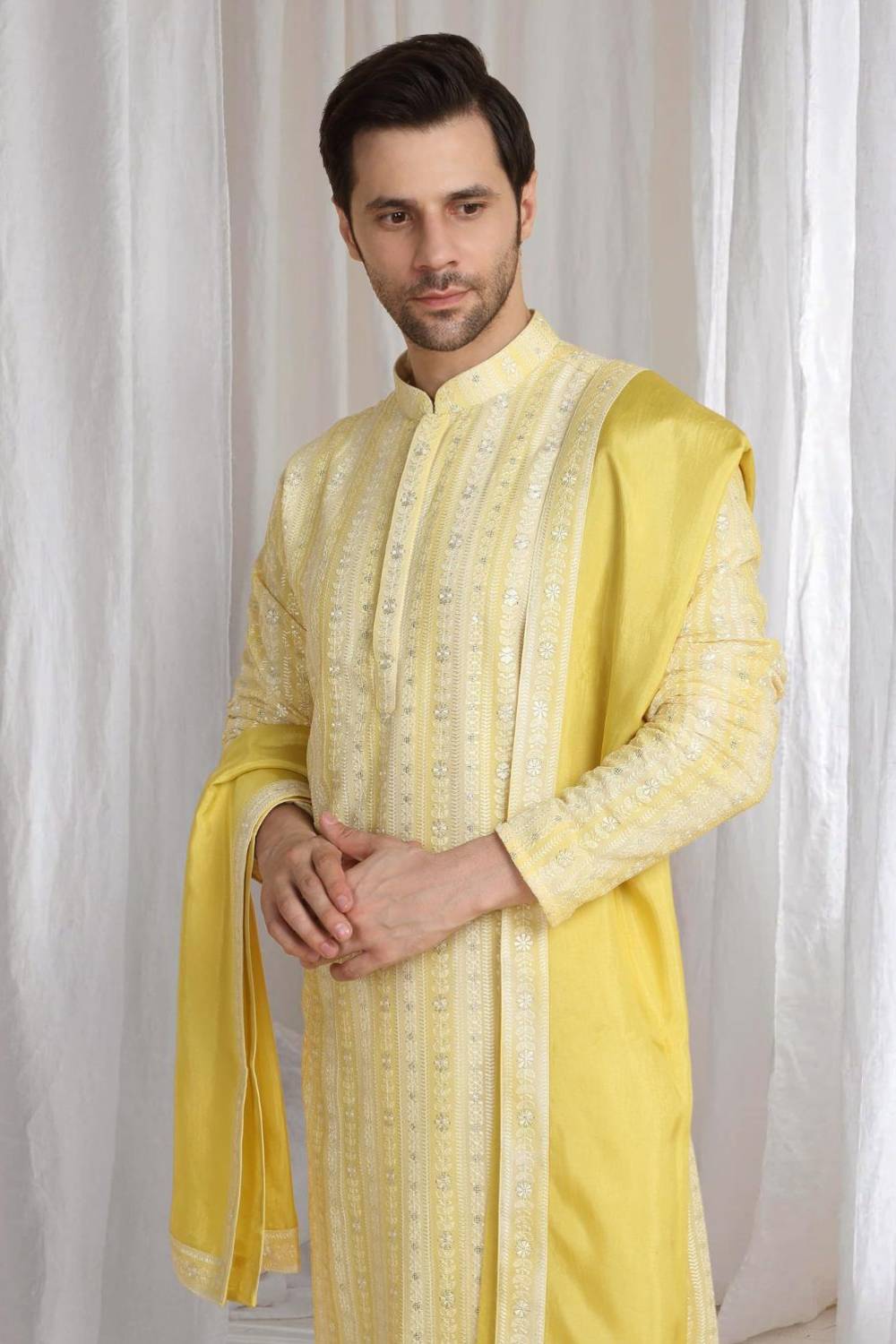 Prafull Yellow Cotton Embroidery Pastel Kurta Set