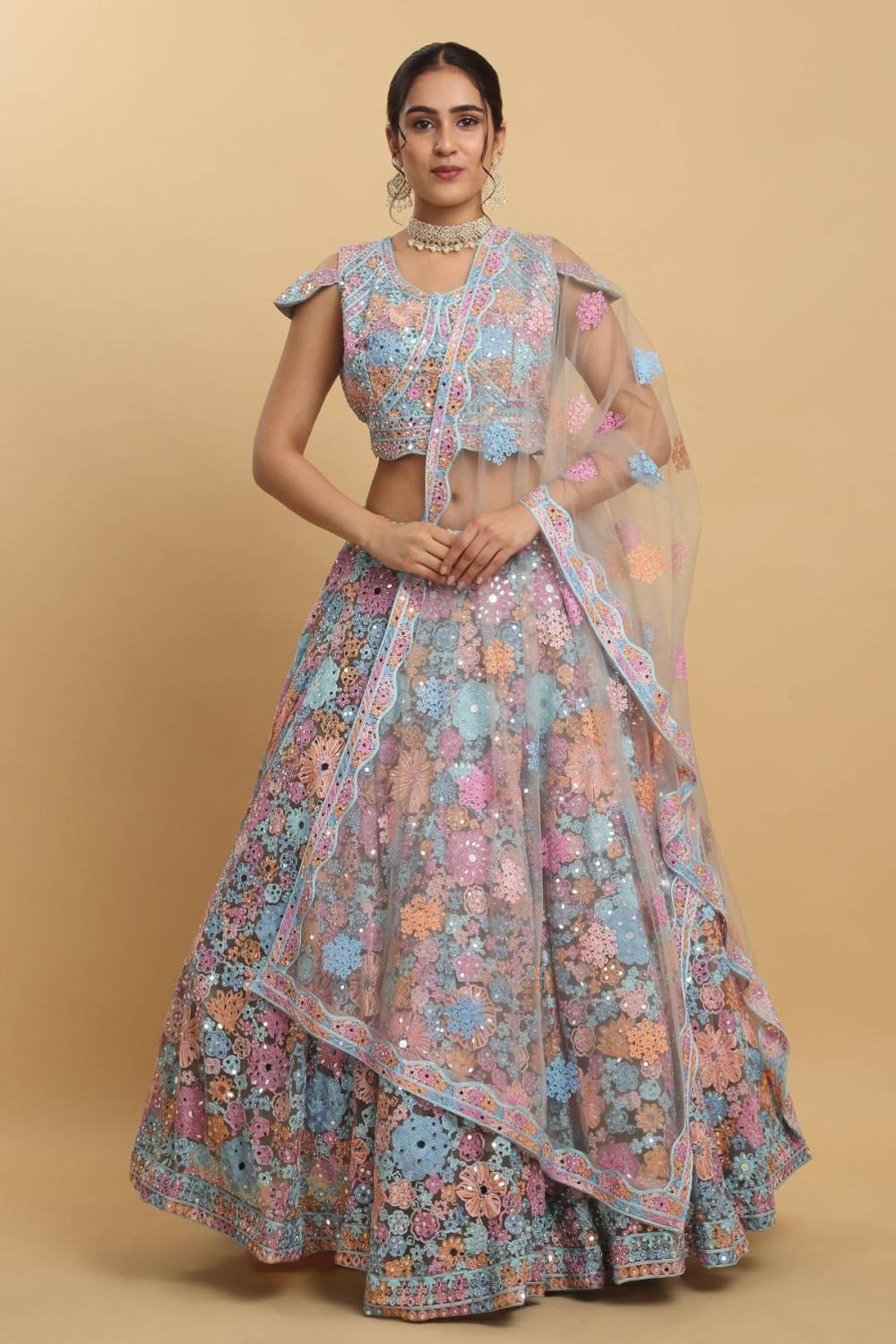 Bahaara  Thread And Mirror Embroidered Layered Lehenga Set
