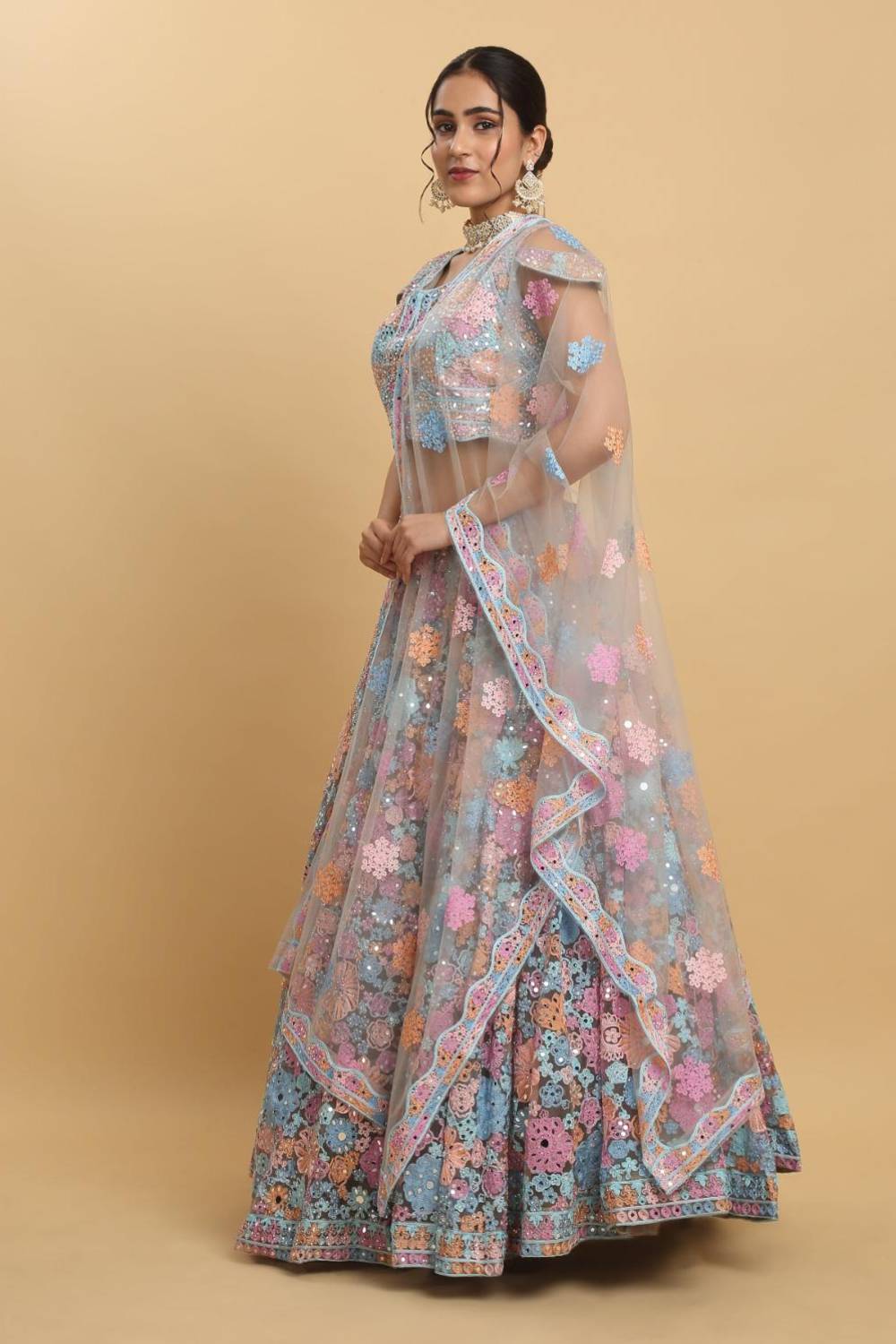 Bahaara  Thread And Mirror Embroidered Layered Lehenga Set
