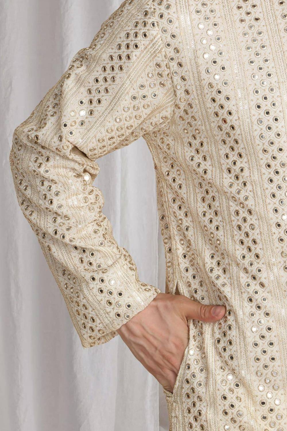 Rajaji Beige Cotton Zari Gold Thread Embroidered Kurta Set