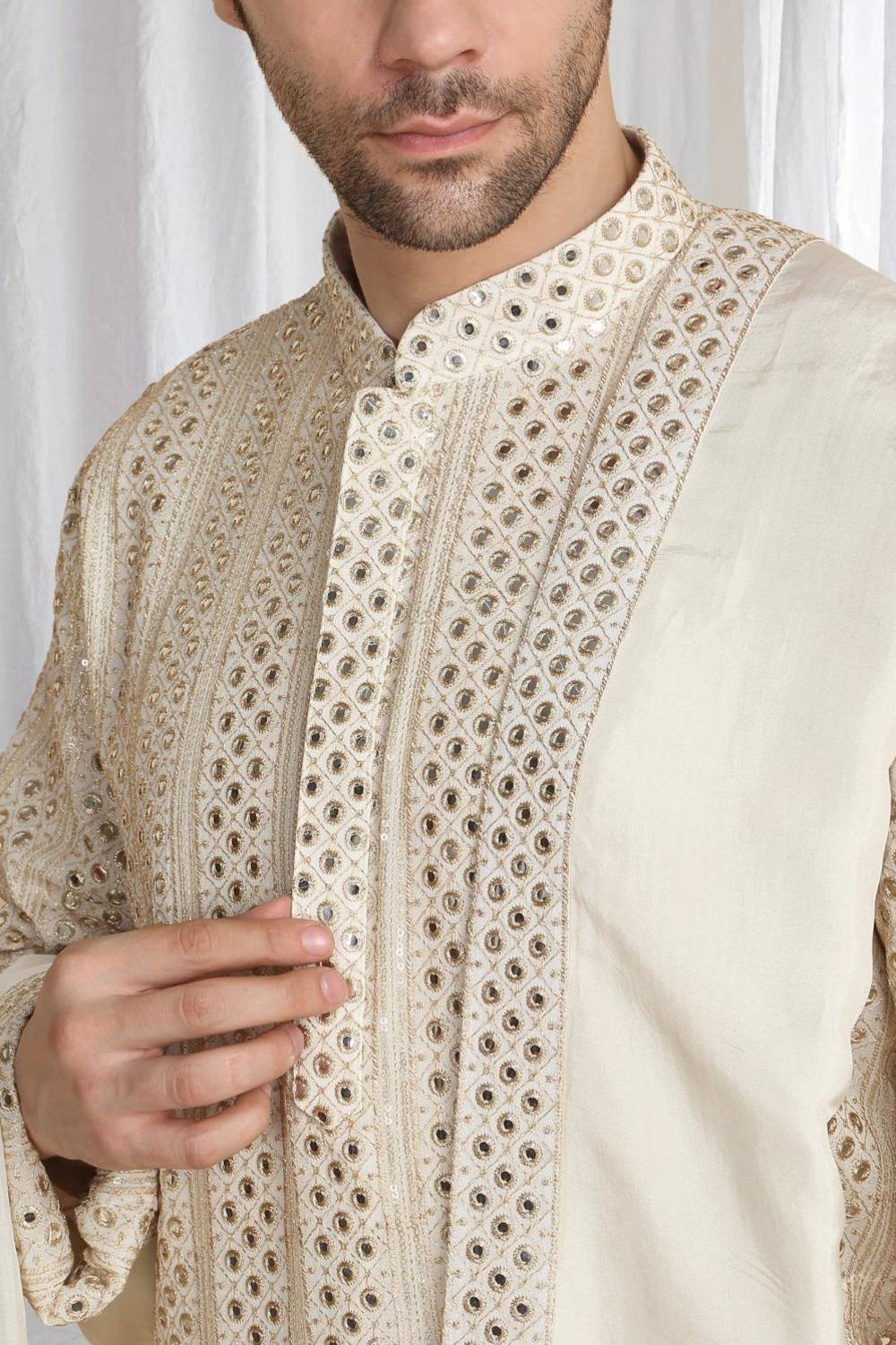 Rajaji Beige Cotton Zari Gold Thread Embroidered Kurta Set