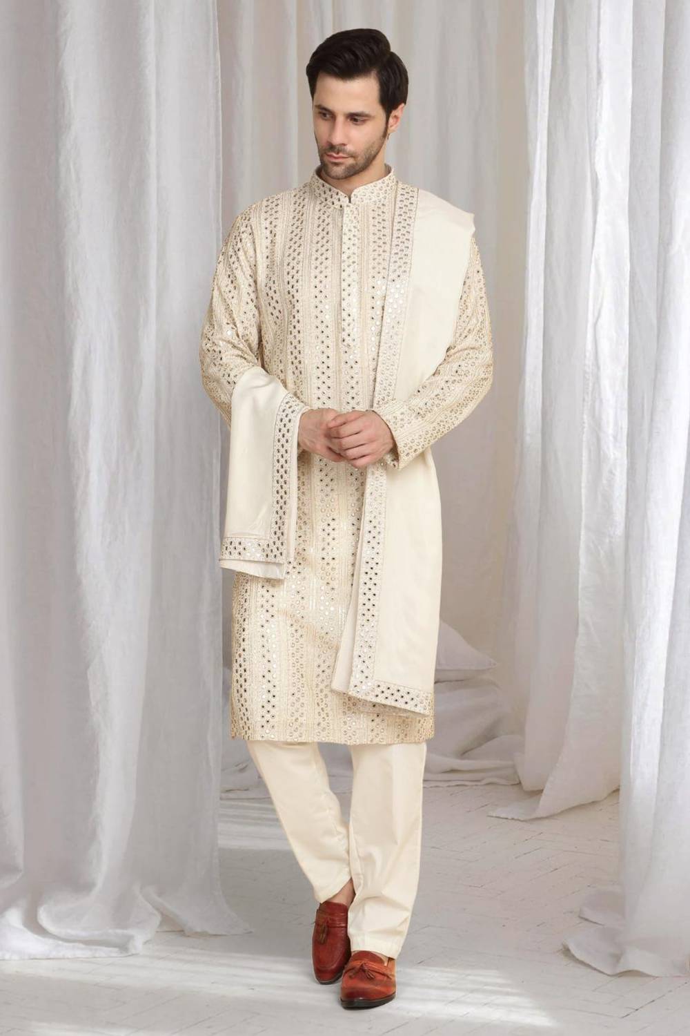 Rajaji Beige Cotton Zari Gold Thread Embroidered Kurta Set