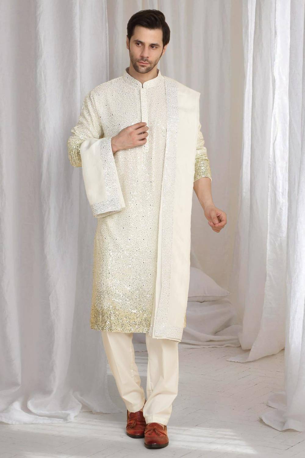 Sequins Ombre Embroidered Kurta Dupatta Set - Cream