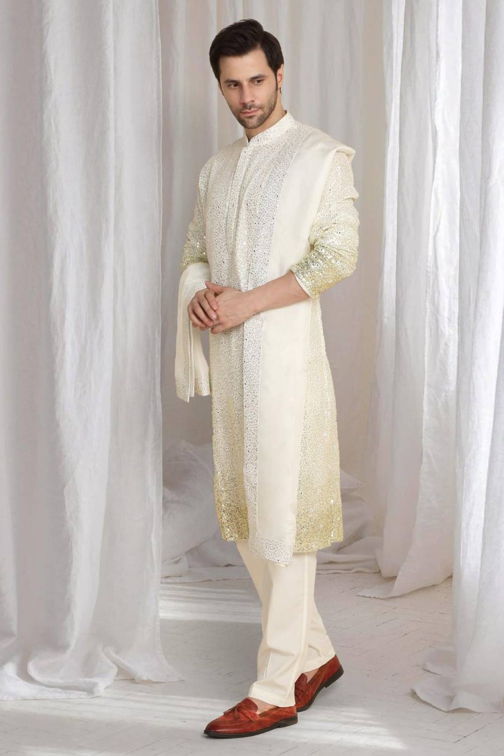 Sequins Ombre Embroidered Kurta Dupatta Set - Cream