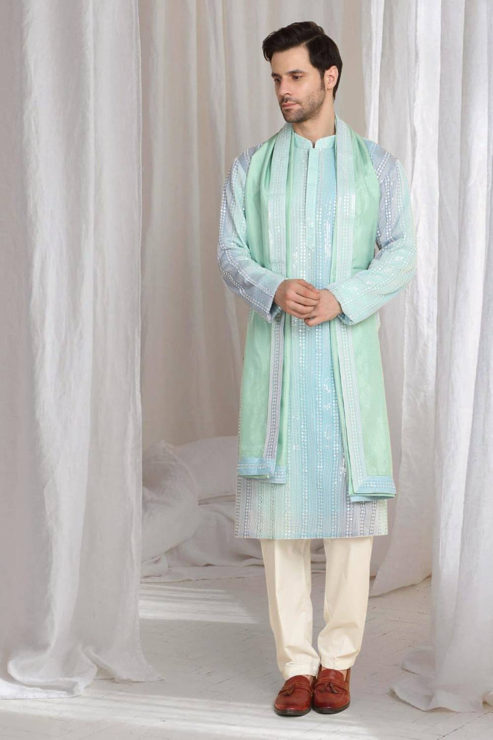 Ambar Ombre Embroidered Kurta Dupatta Set - Blue Sea Green