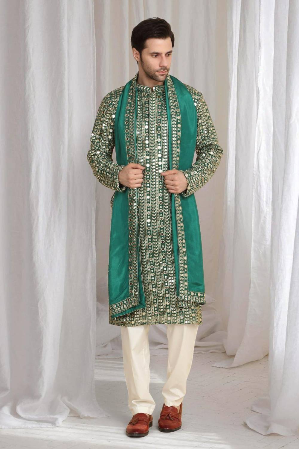 Festive Green Golden Thread Embroidered Kurta Dupatta Set