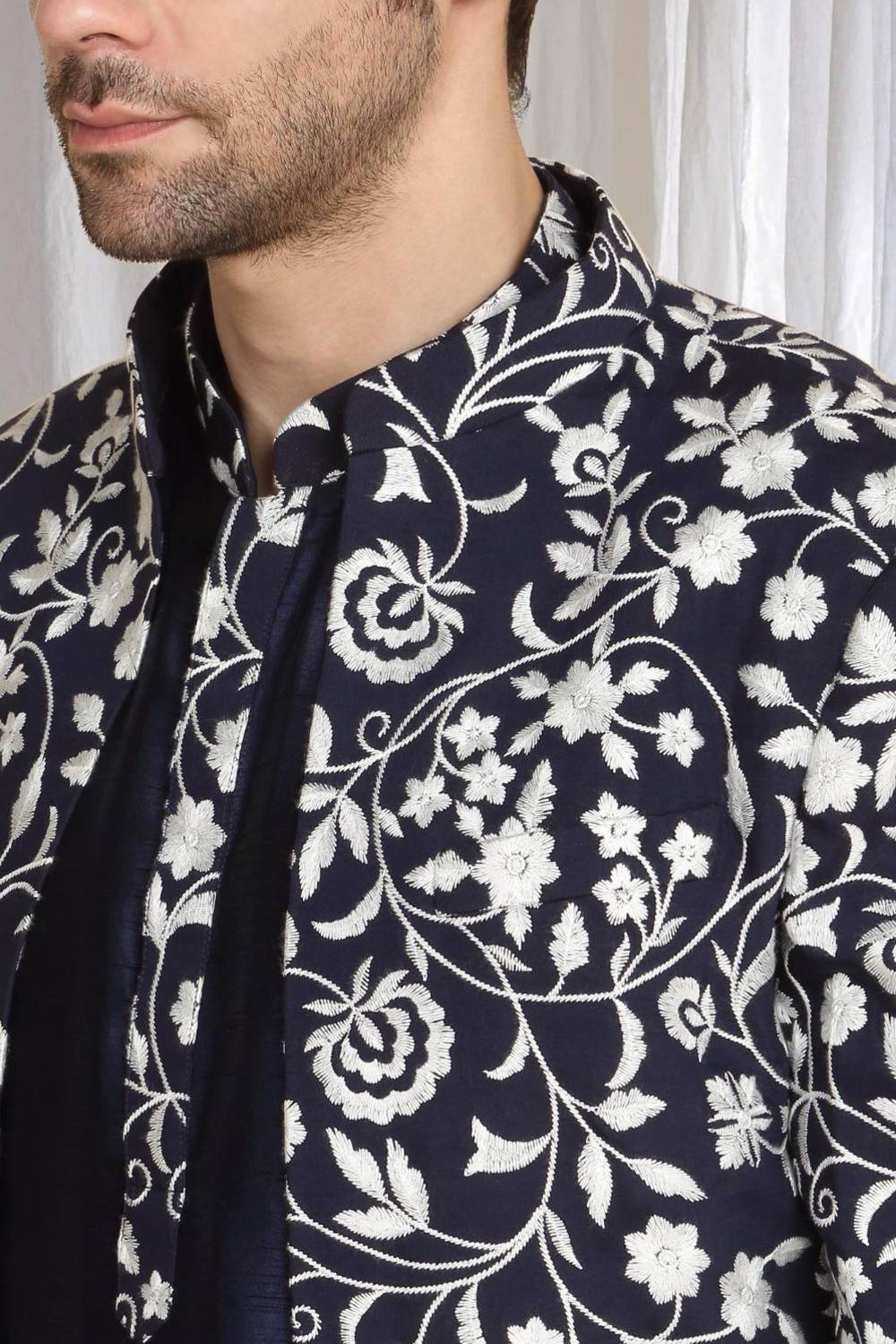 Pushp Floral Embroidered Jacket Kurta Pant Set - Navy Blue