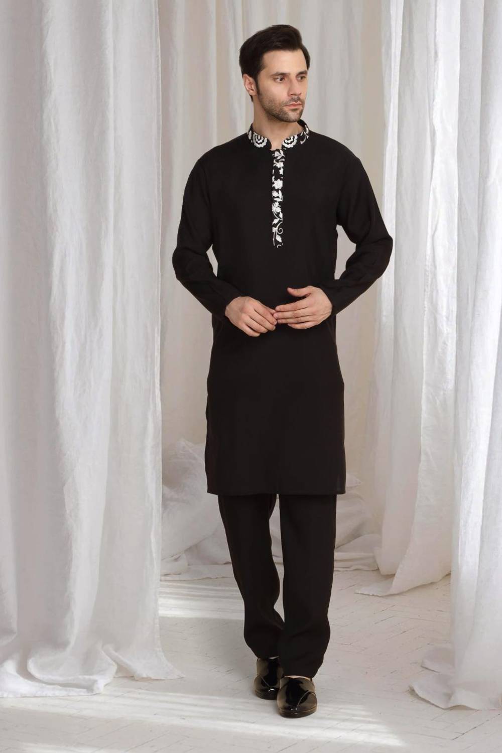 Pushp Floral Embroidered Jacket Kurta Pant Set - Black