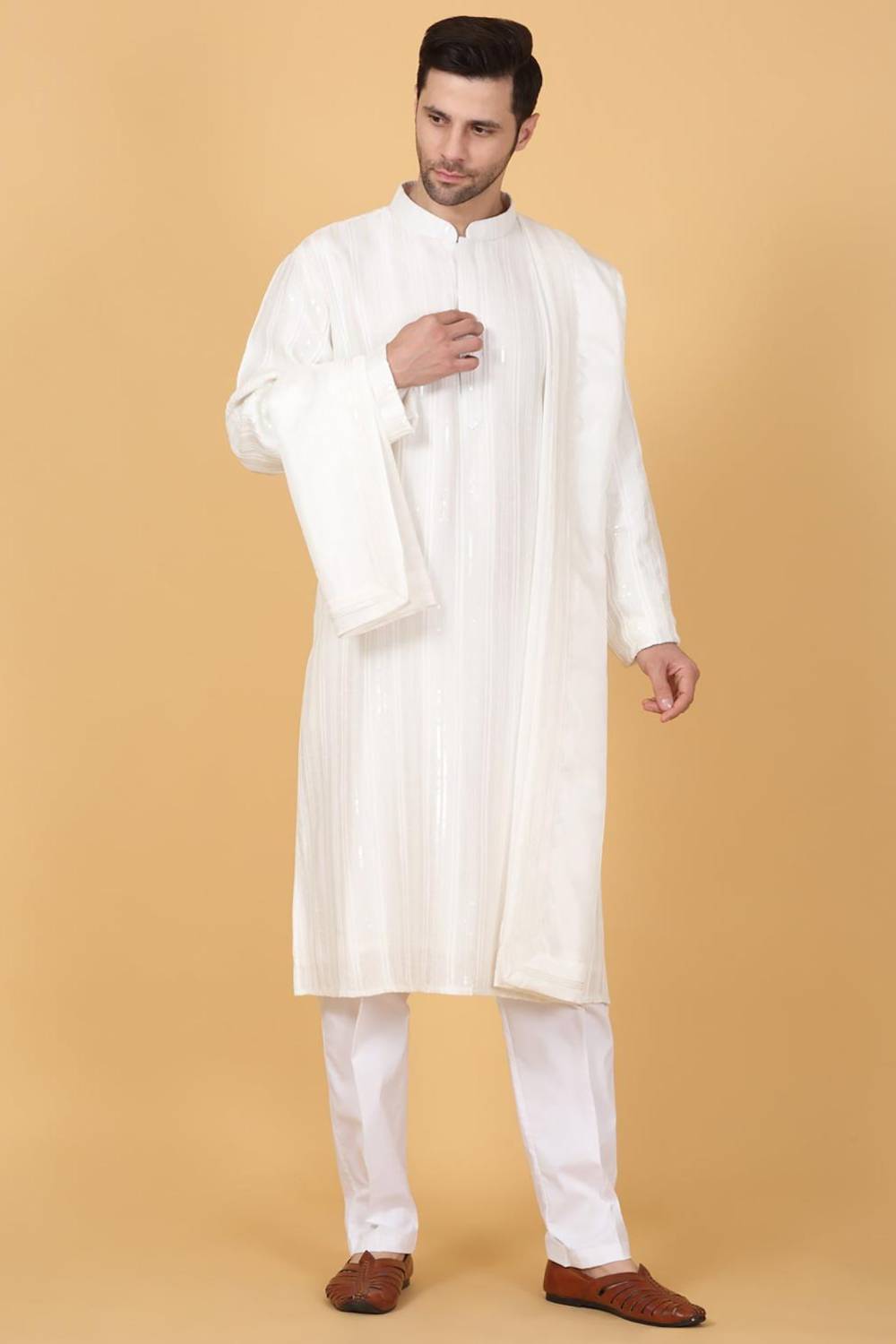 Beads & Sequins Stripe Embroidered Kurta Set