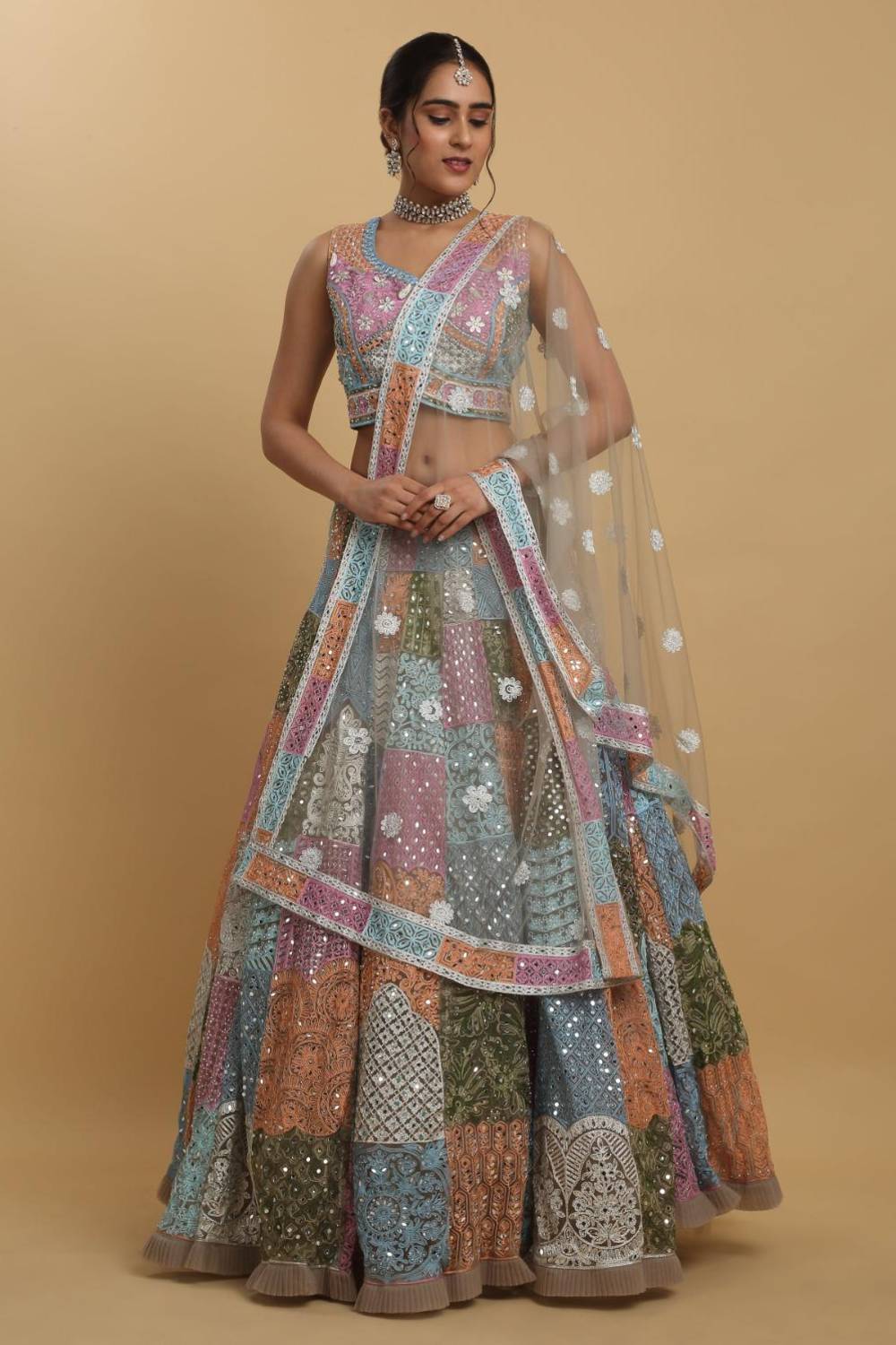 Divyam Multi Colored Thread And Mirror Embroidered Lehenga Set
