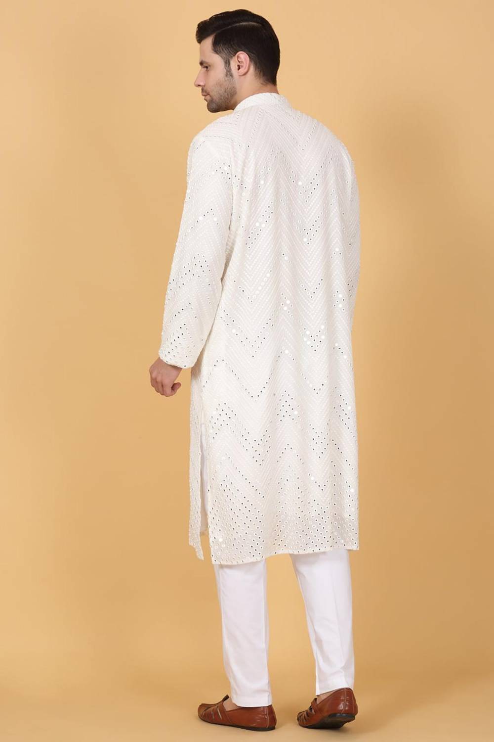 White Cotton Mirror Embroidery Zig Zag Kurta Set