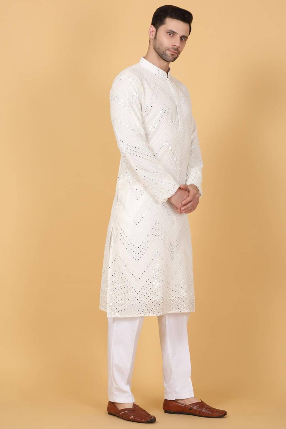 White Cotton Mirror Embroidery Zig Zag Kurta Set