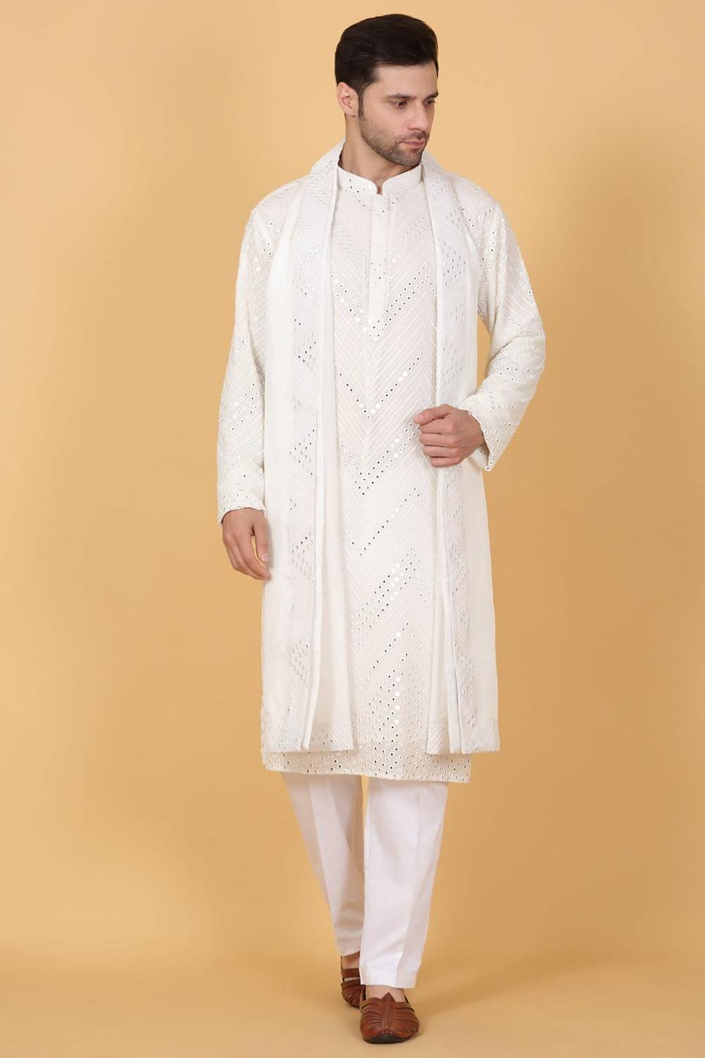 White Cotton Mirror Embroidery Zig Zag Kurta Set