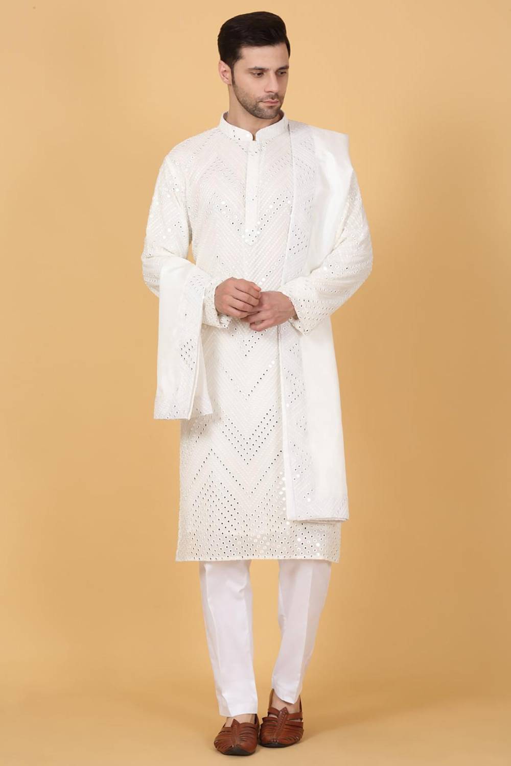 White Cotton Mirror Embroidery Zig Zag Kurta Set