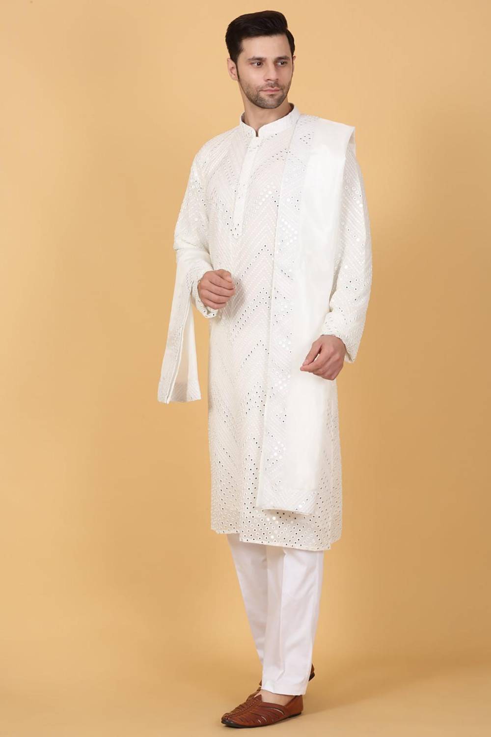 White Cotton Mirror Embroidery Zig Zag Kurta Set