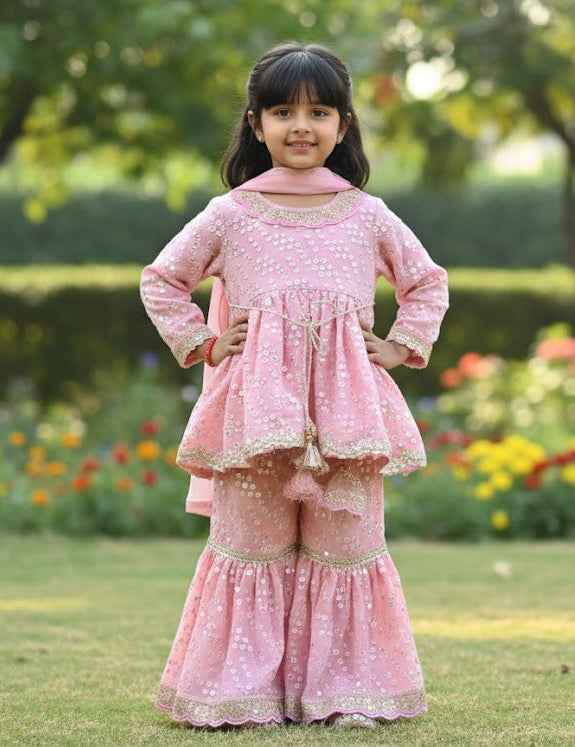Pink Mirror Work Georgette Sharara Set with Dupatta for Girls - CuddlesClothing