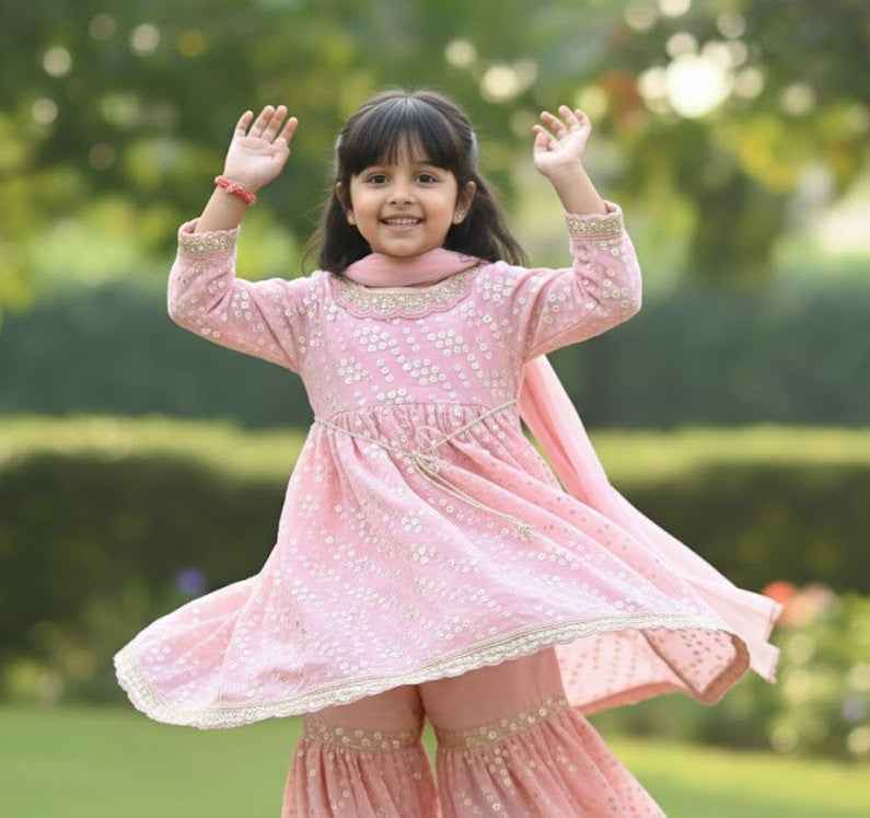 Pink Mirror Work Georgette Sharara Set with Dupatta for Girls - CuddlesClothing