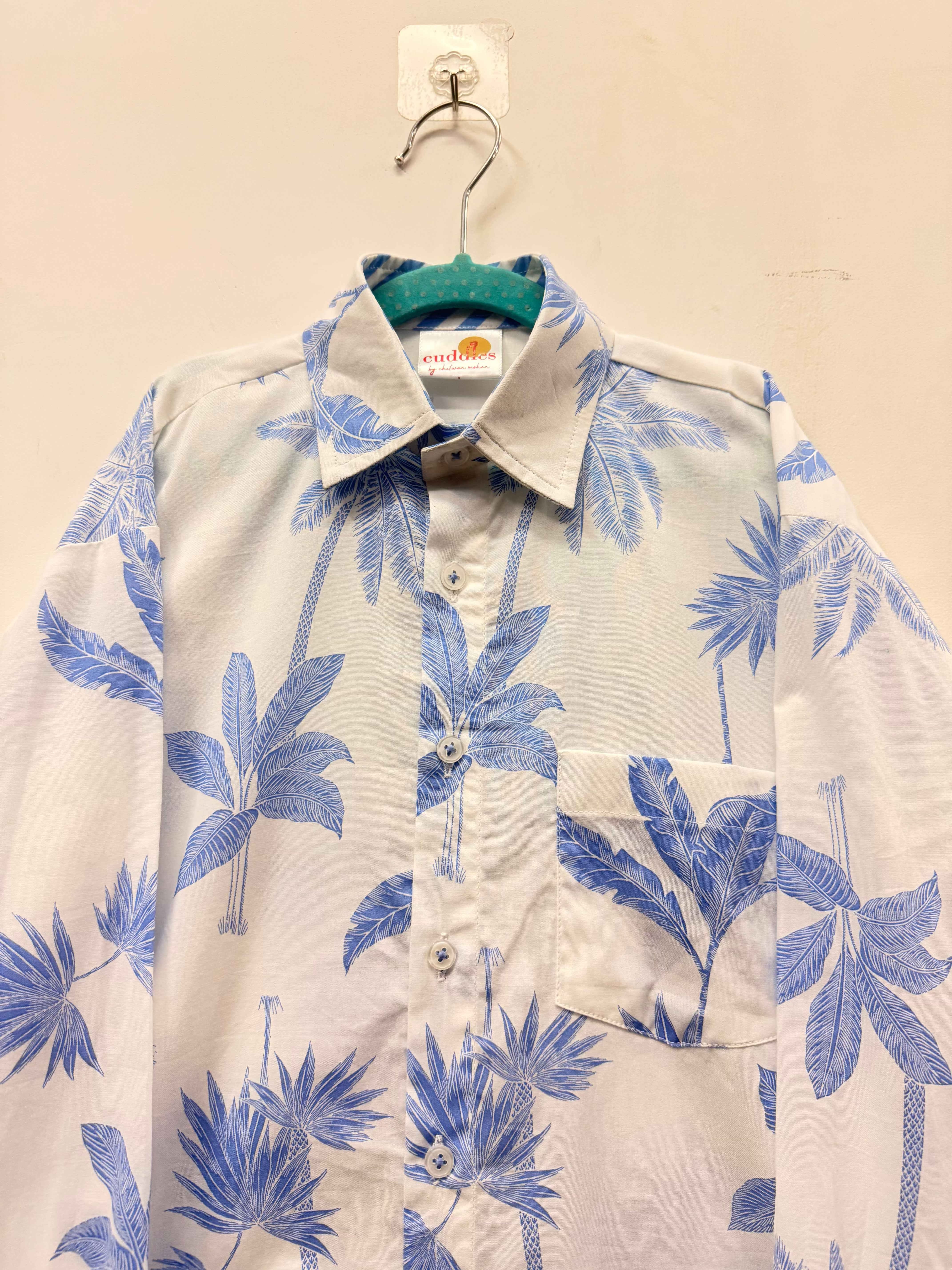 Boys' Blue Palm Tree Print Cotton Shirt - CuddlesClothing