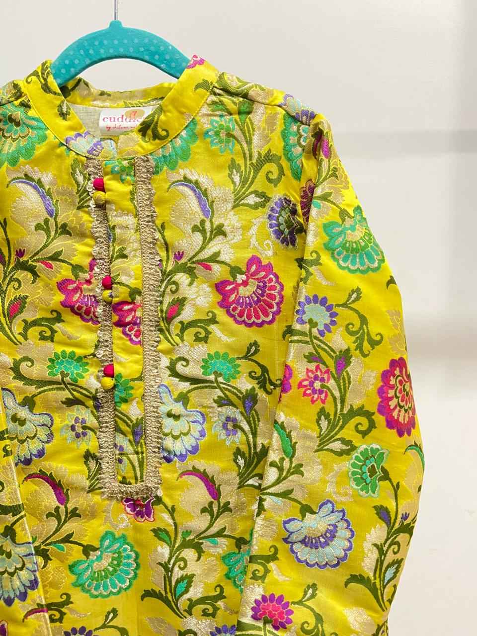 Yellow Banarasi Silk Boys Kurta Pajama Set with Ivory Pajamas