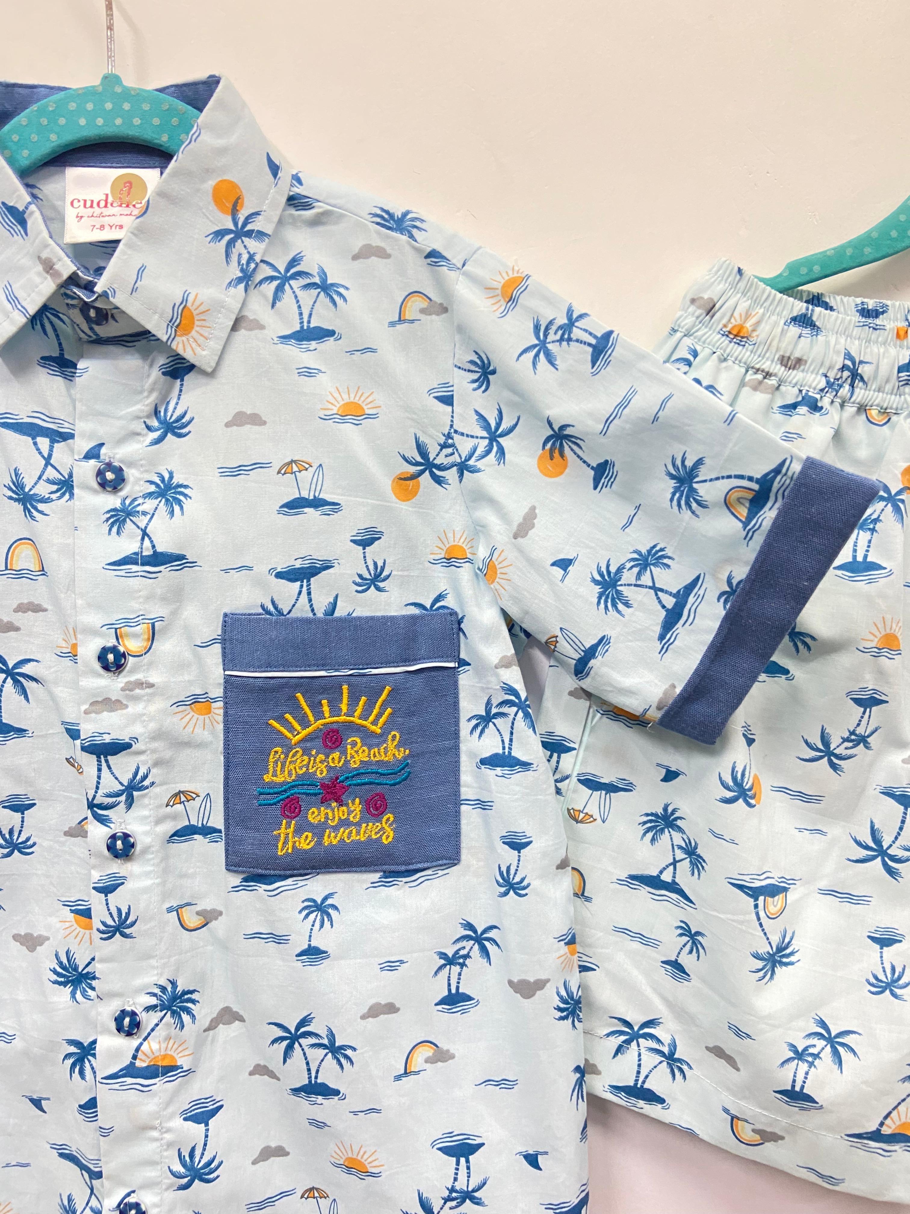 Boys Blue Cotton Co-ord Set with Embroidered Pocket