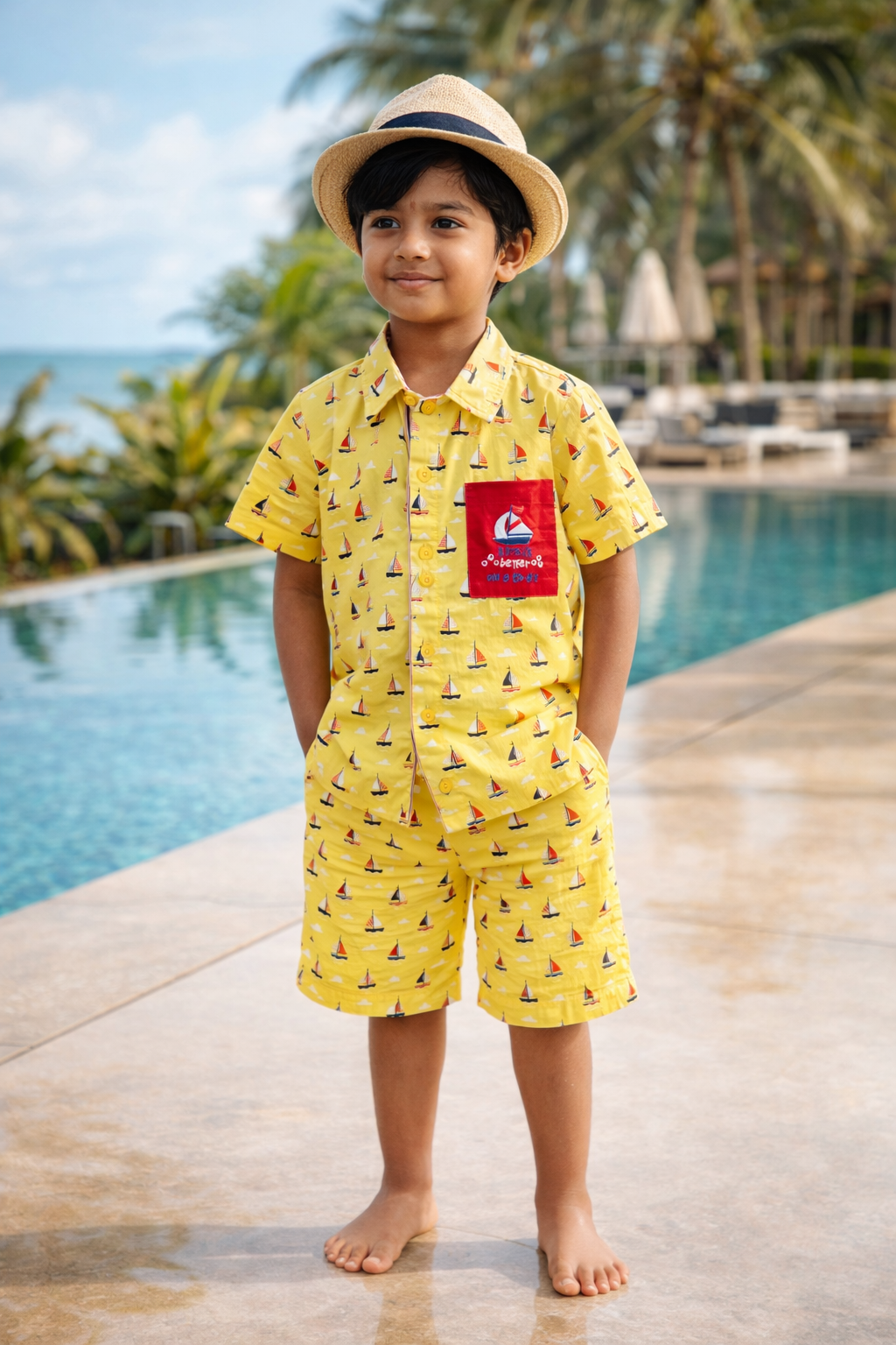 Boys Yellow Cotton Co-ord Set with Embroidered Pocket
