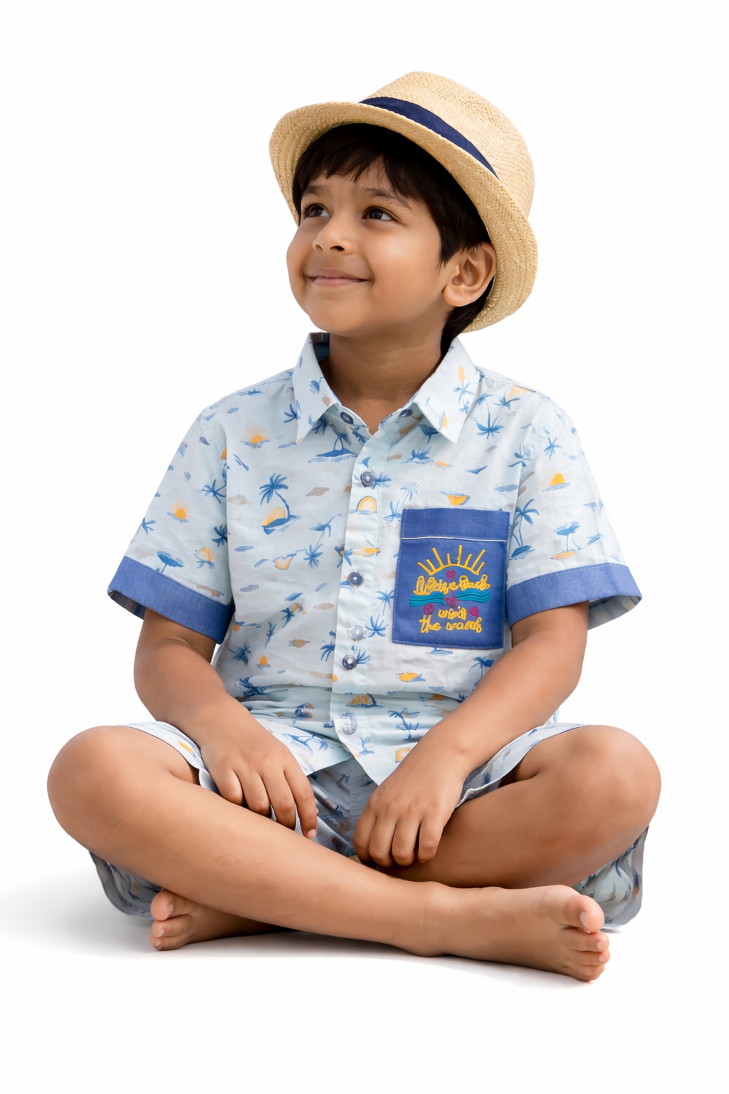 Boys Blue Cotton Co-ord Set with Embroidered Pocket