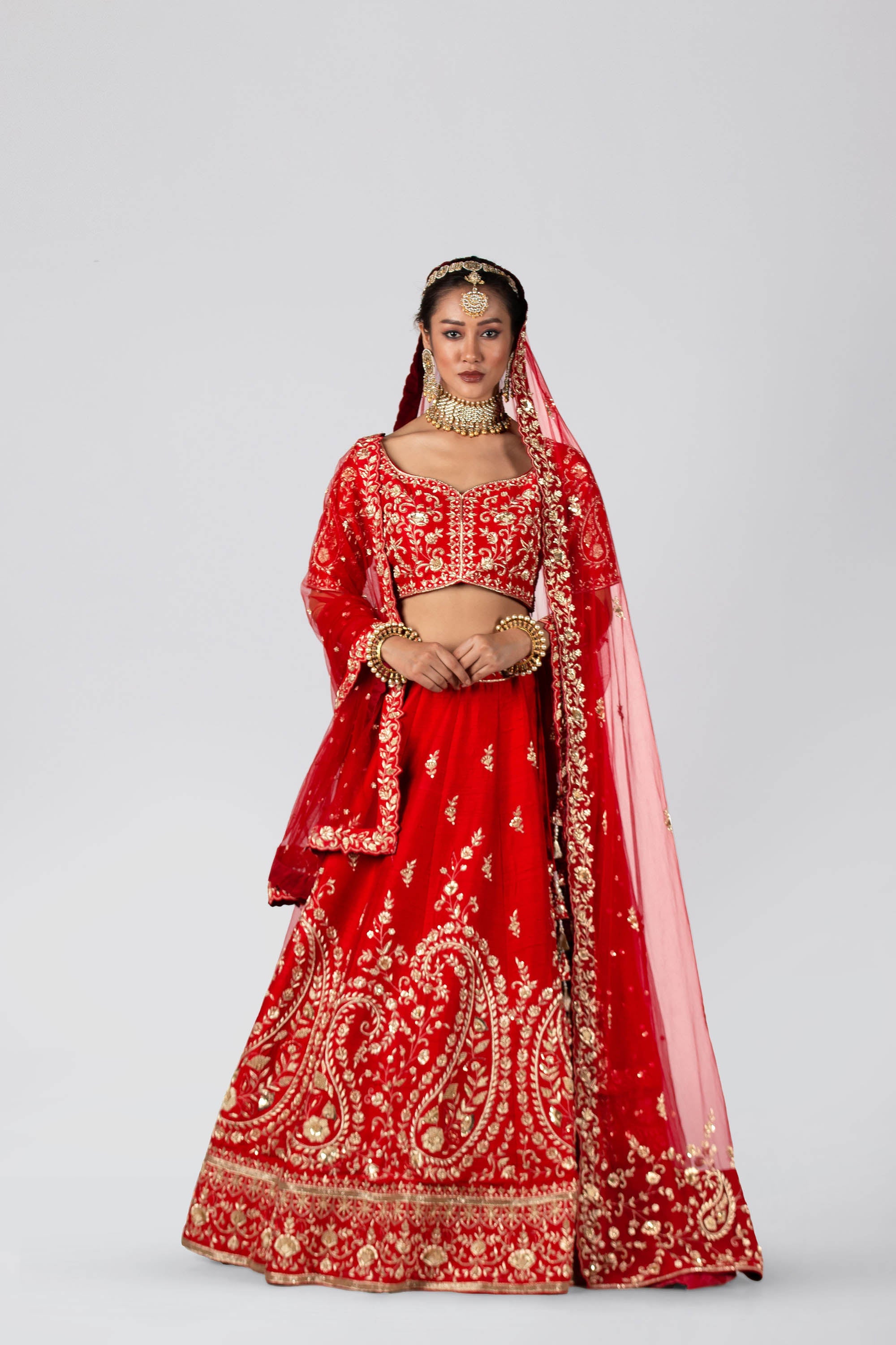 Red Raw Silk vail Lehenga Set