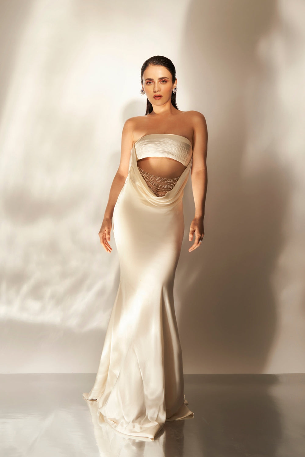 Ivory Cowl Gown with Embellishments