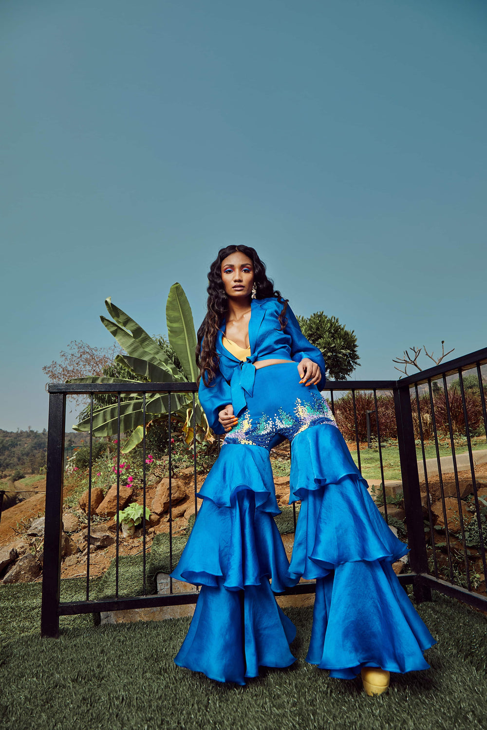 Azure Blue Knotted Organza Shirt With Bralette And Ruffle Pants