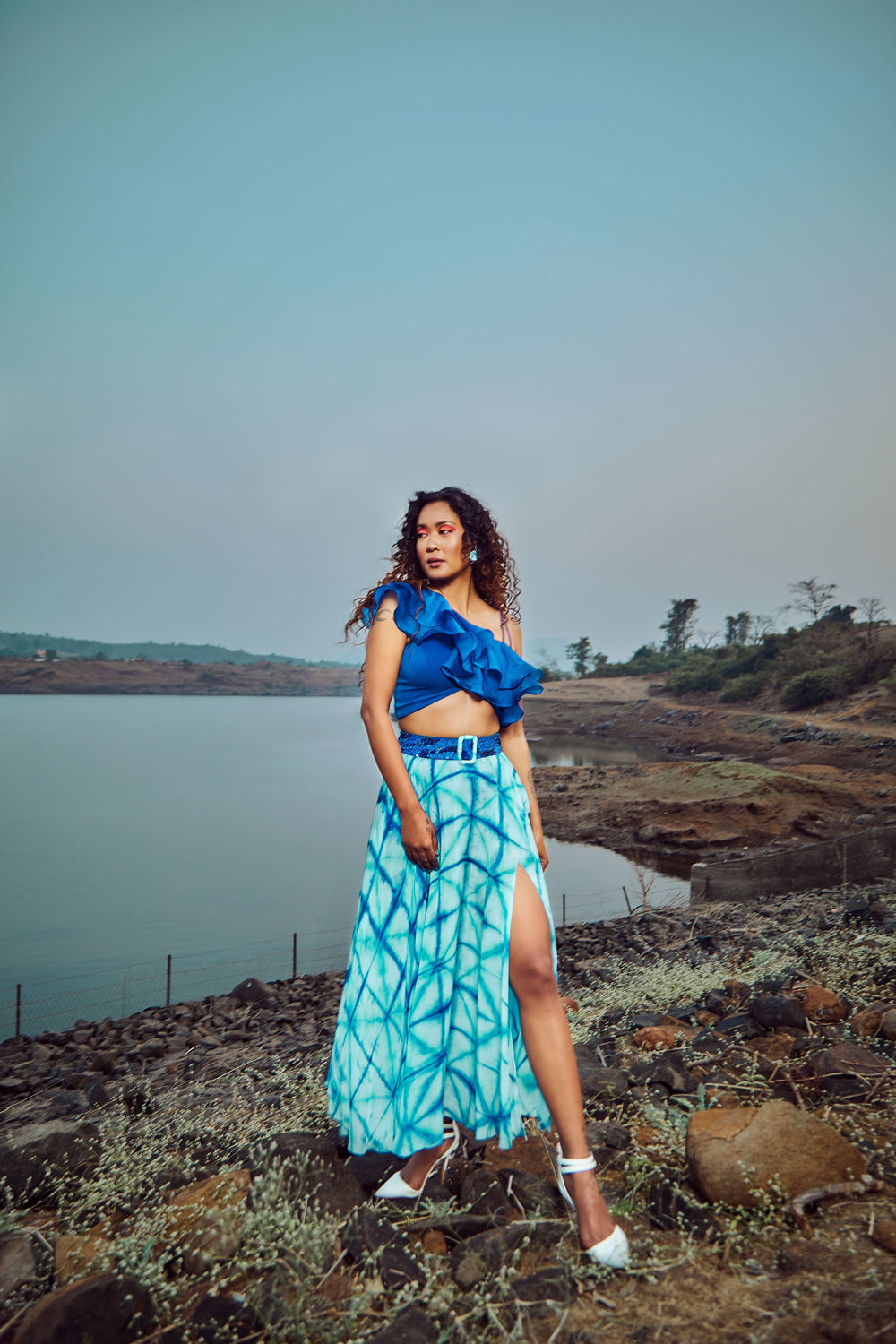 Azure Blue Ruffled Organza Blouse With Skirt And Belt