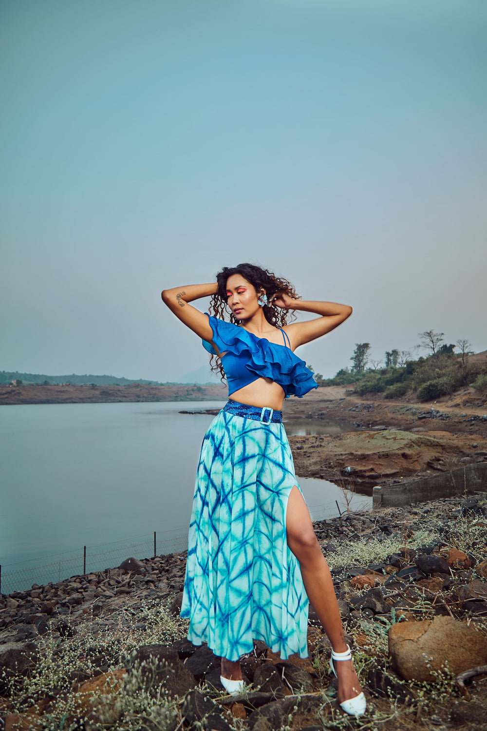 Azure Blue Ruffled Organza Blouse With Skirt And Belt