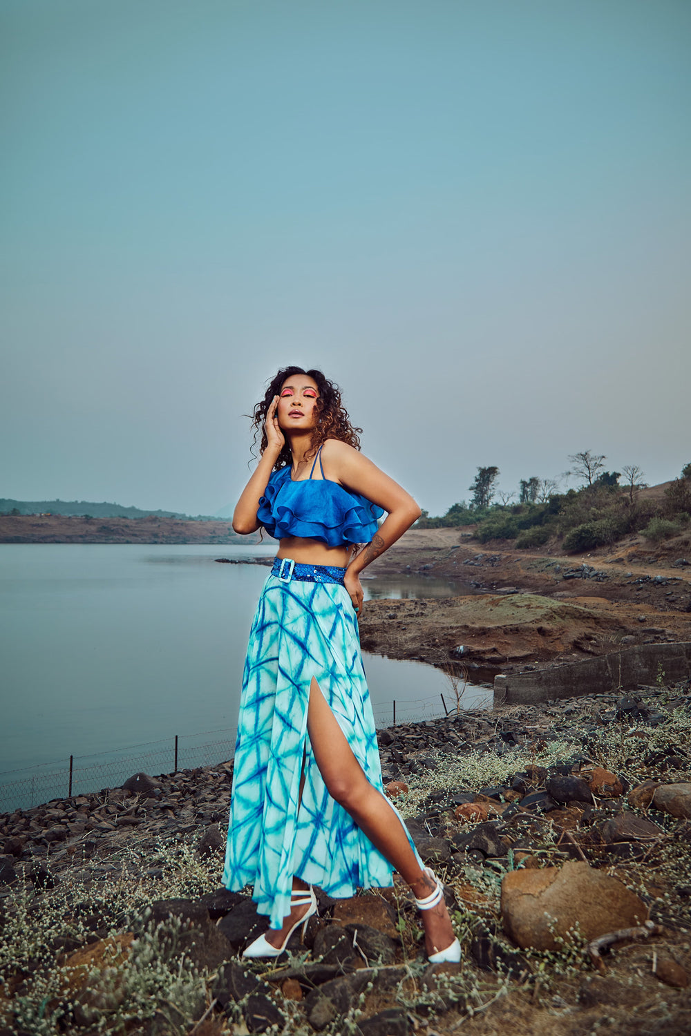 Azure Blue Ruffled Organza Blouse With Skirt And Belt