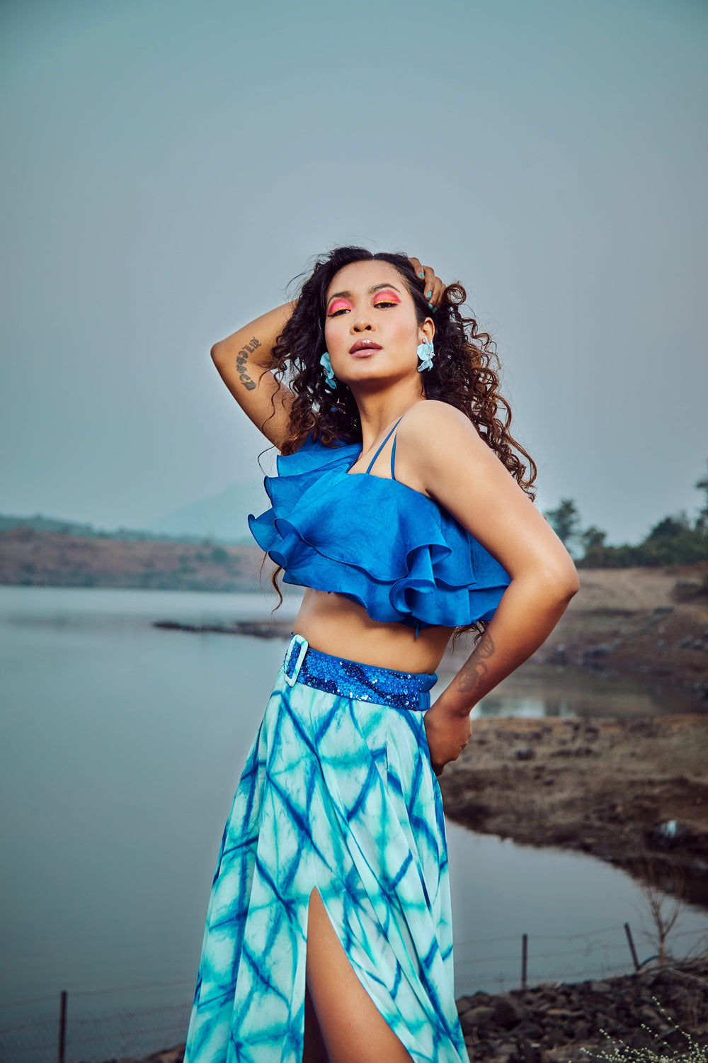 Azure Blue Ruffled Organza Blouse With Skirt And Belt