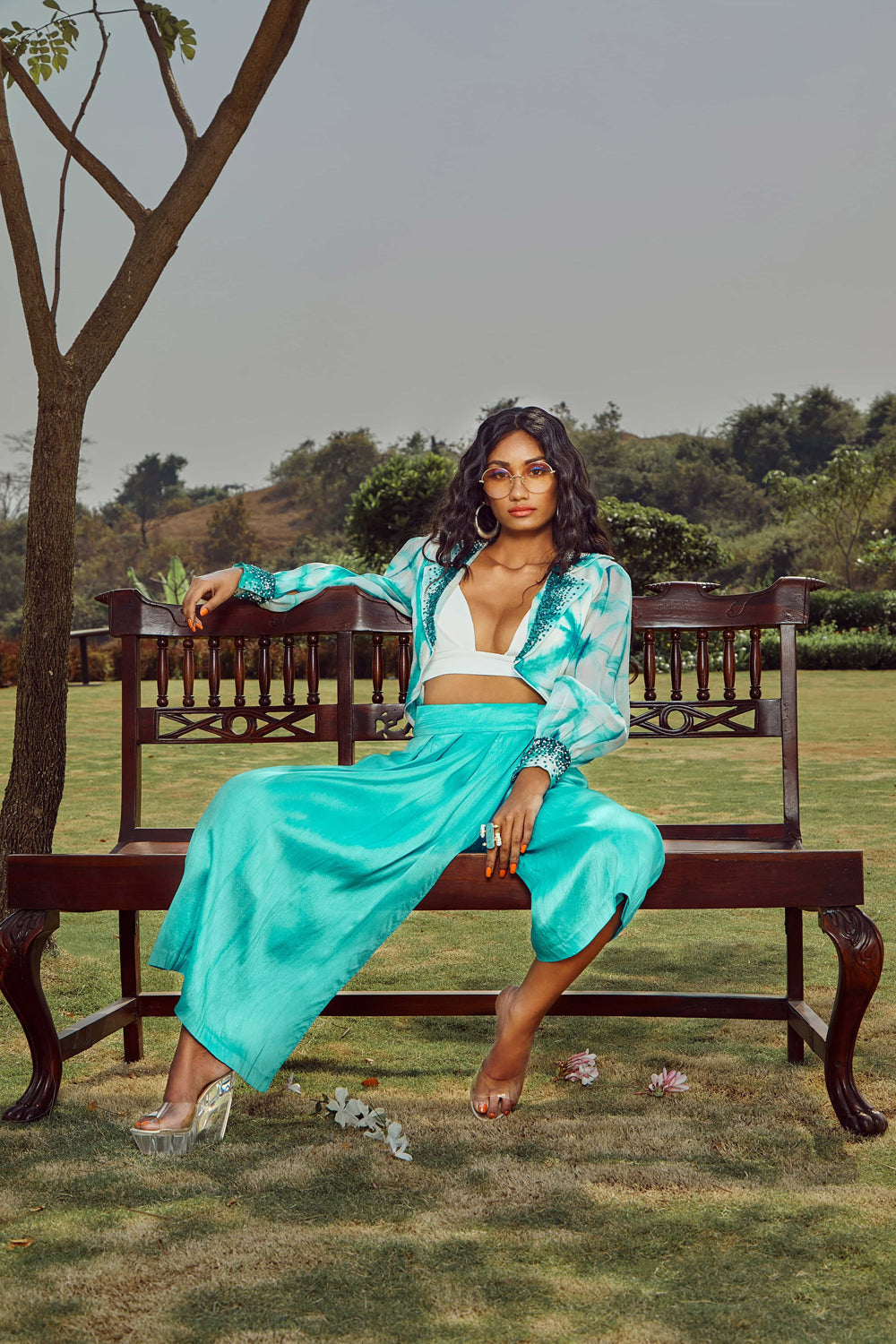 Celestial Blue Overlap Pleated Trousers with Jacket And Bralette