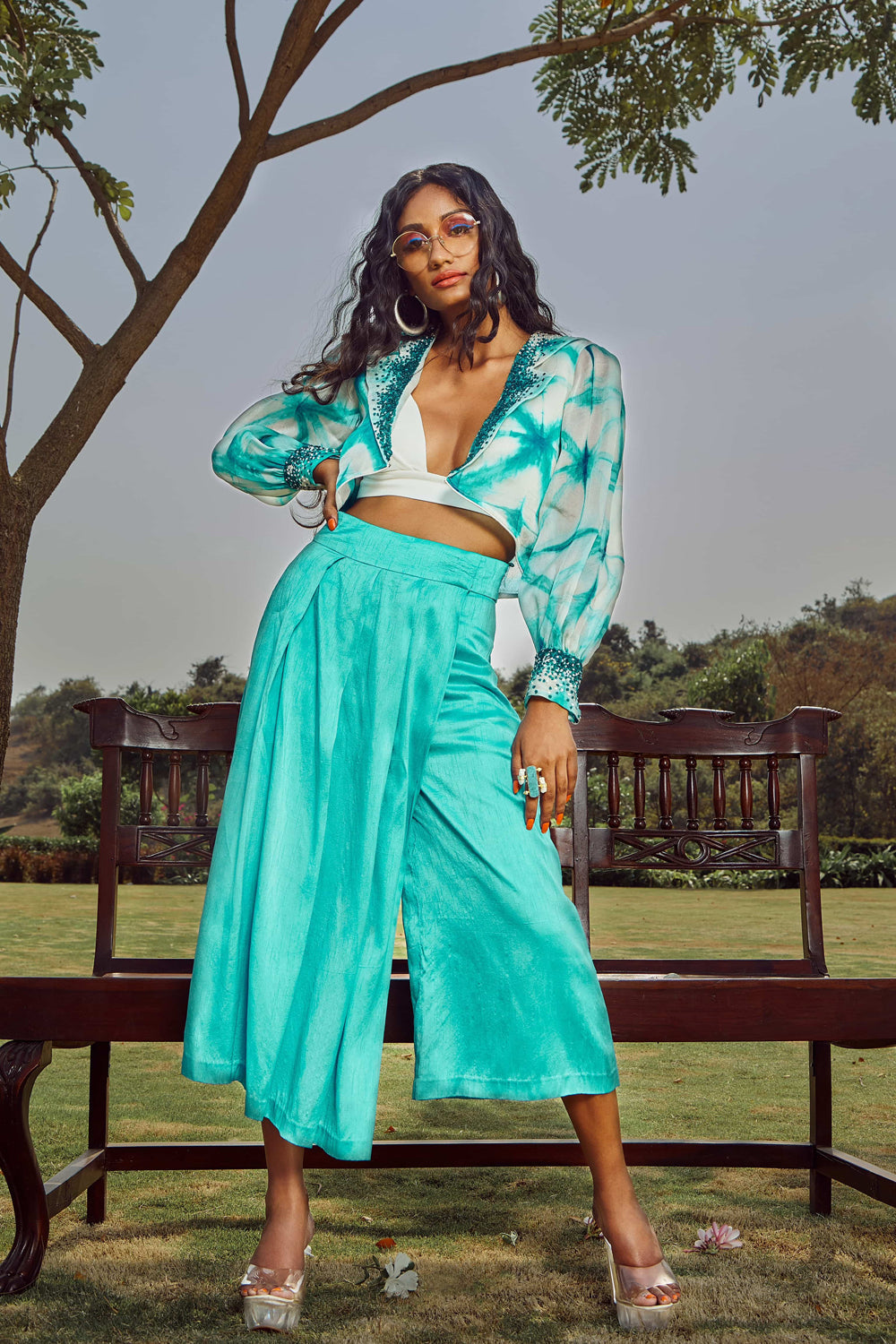 Celestial Blue Overlap Pleated Trousers with Jacket And Bralette