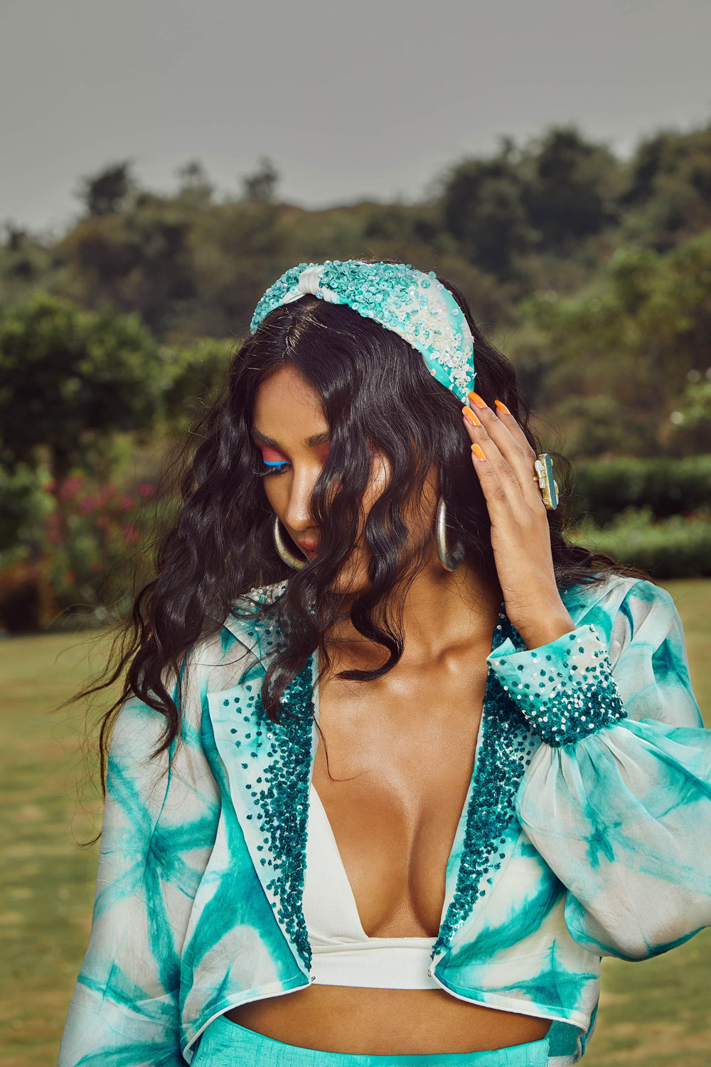 Celestial Blue Overlap Pleated Trousers with Jacket And Bralette