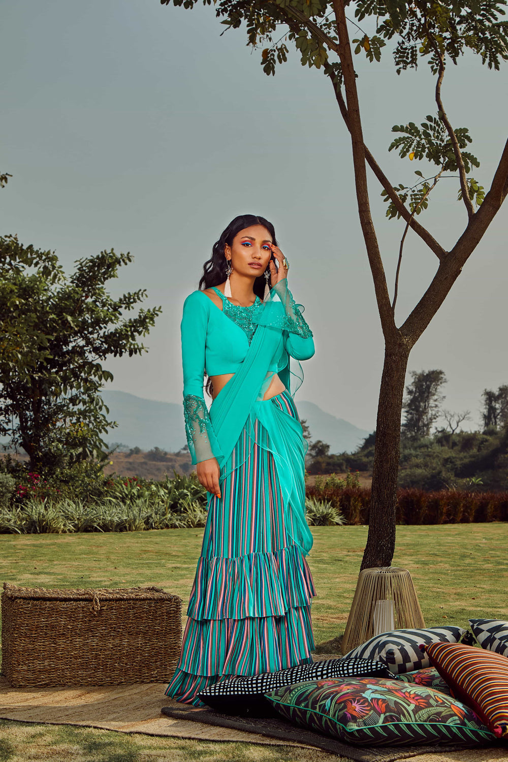 Sorbet Mint Green Top With Pre-Draped Saree