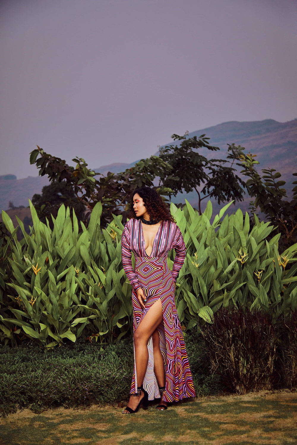 Lavender Printed High Slit Maxi Dress