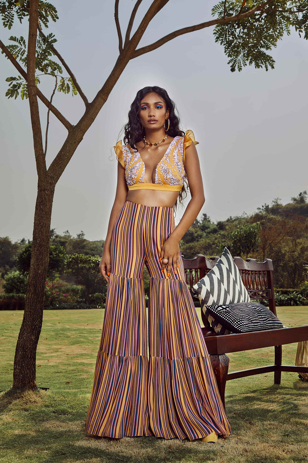 Yellow Italian Crepe Embroidered Amber Bandeau Top With Pants