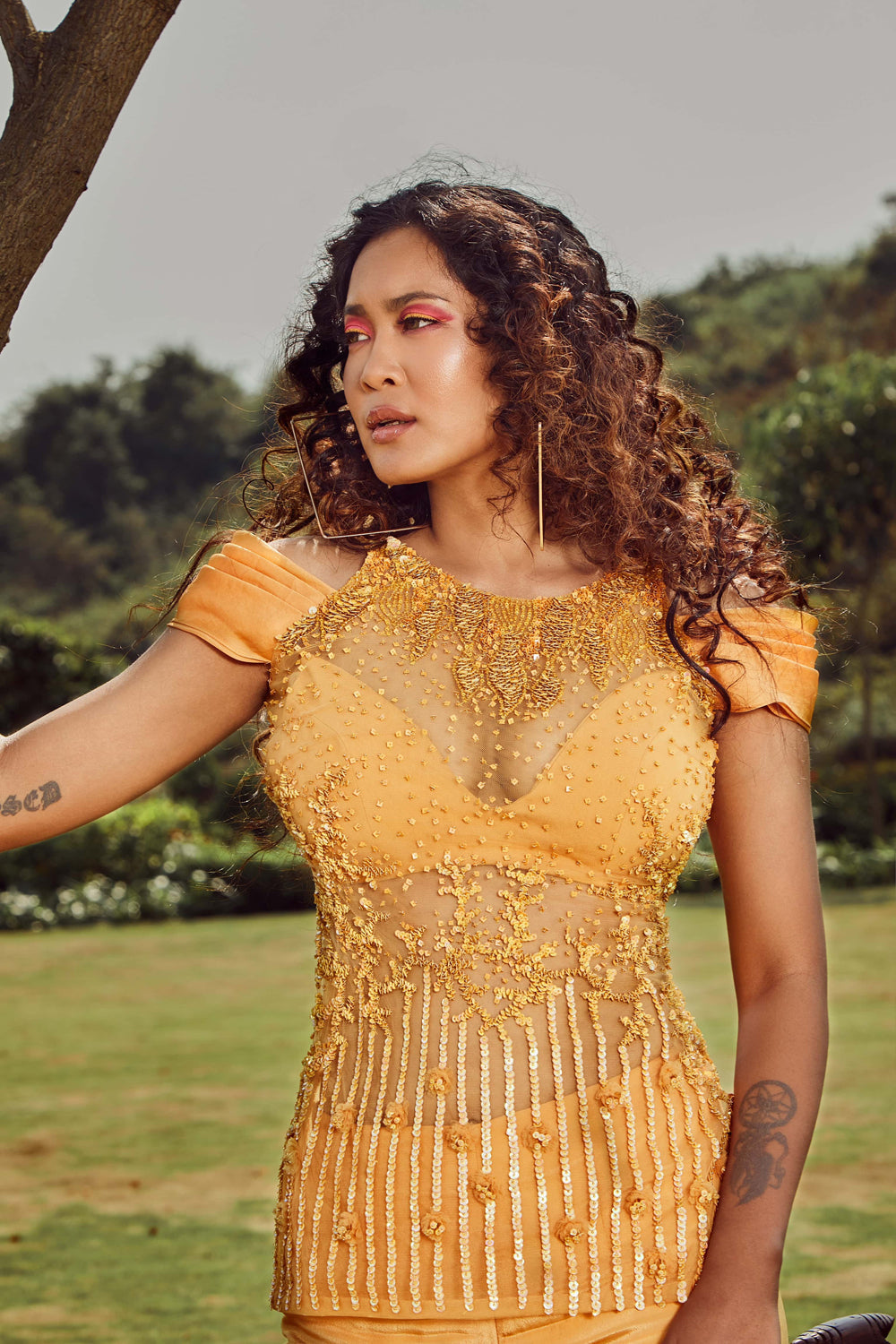 Yellow Amber Tulle Thread Embroidered Long Top With Trousers