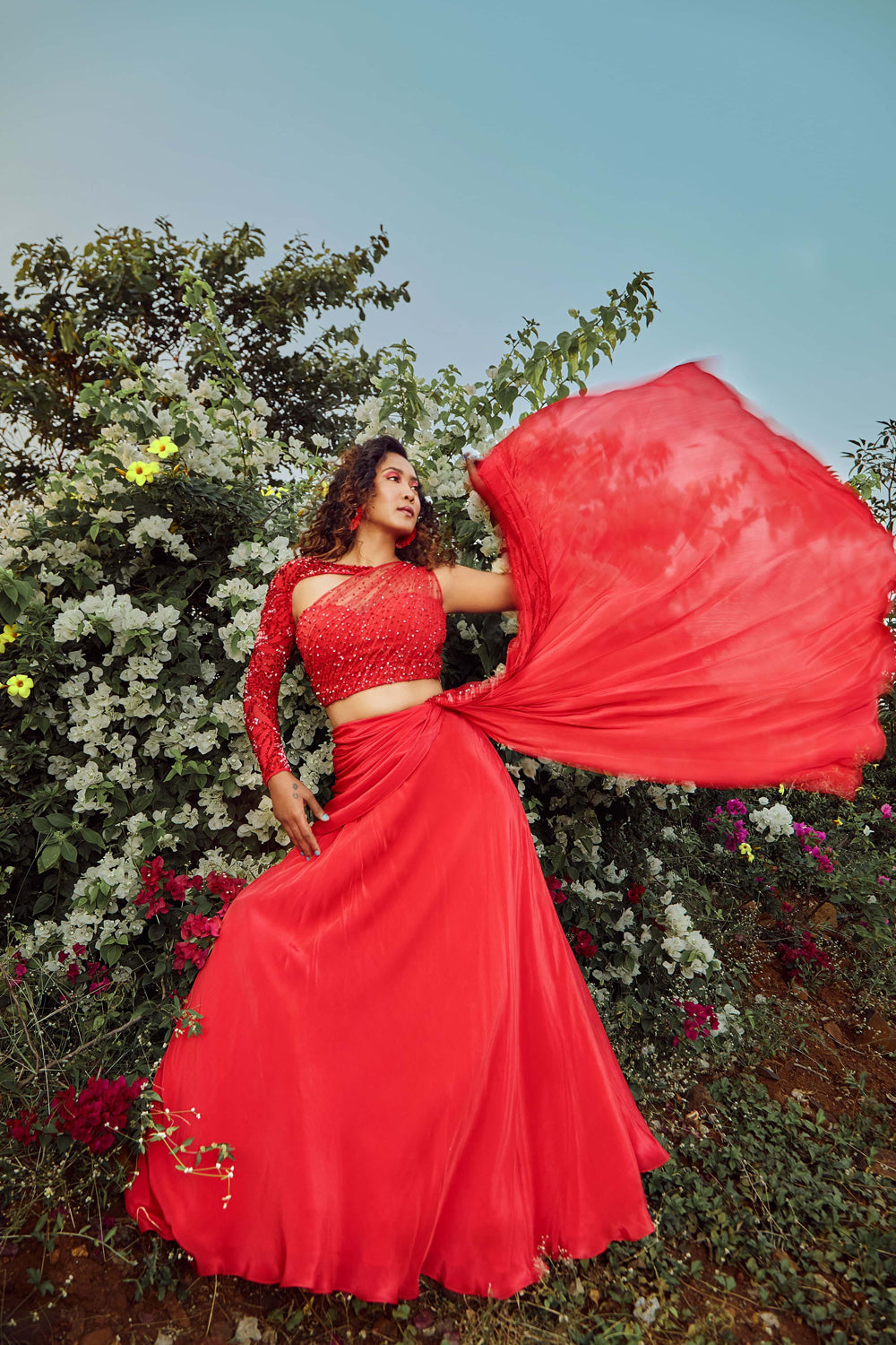 Scarlet Red Twisted Drape Lehenga With Top