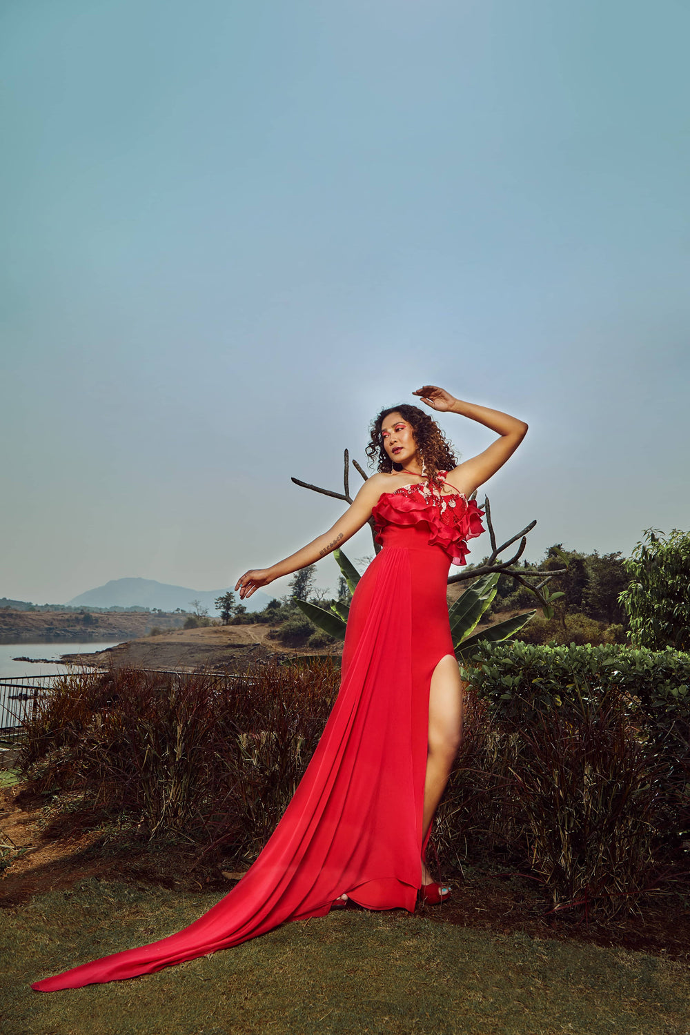 One Shoulder Scarlet Red High-Slit Ruffle Detailed Gown