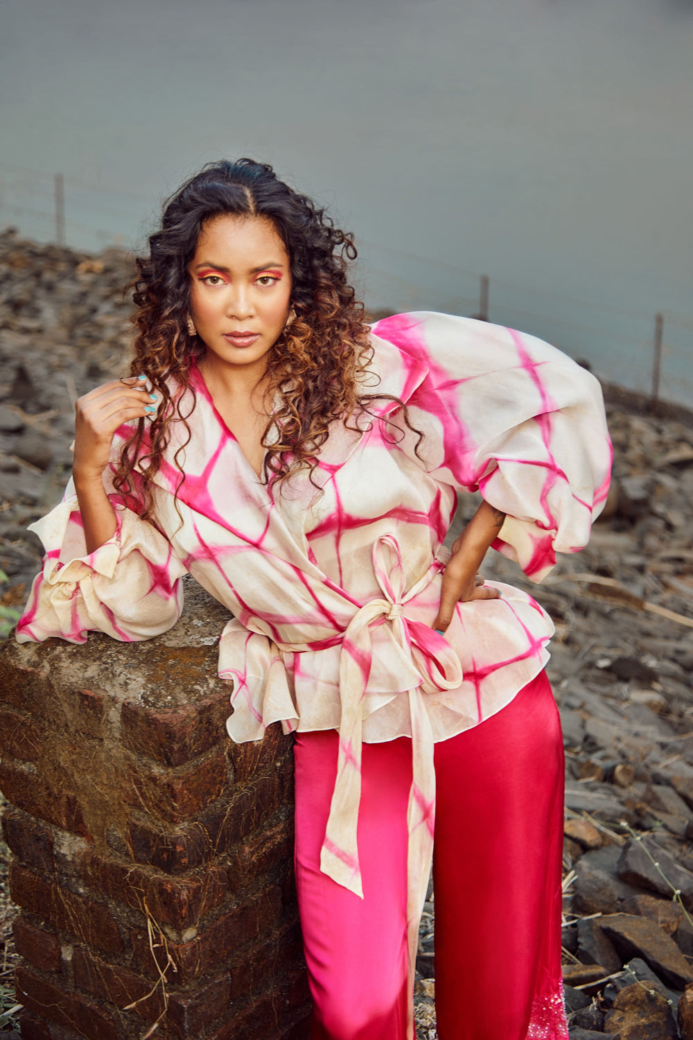 Fuchsia Tie-Dye Overlap Jacket With Pants