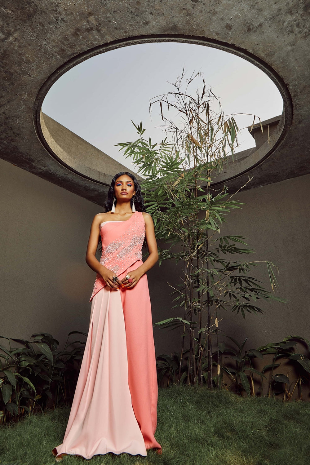 Coral One Shoulder Drape Jumpsuit