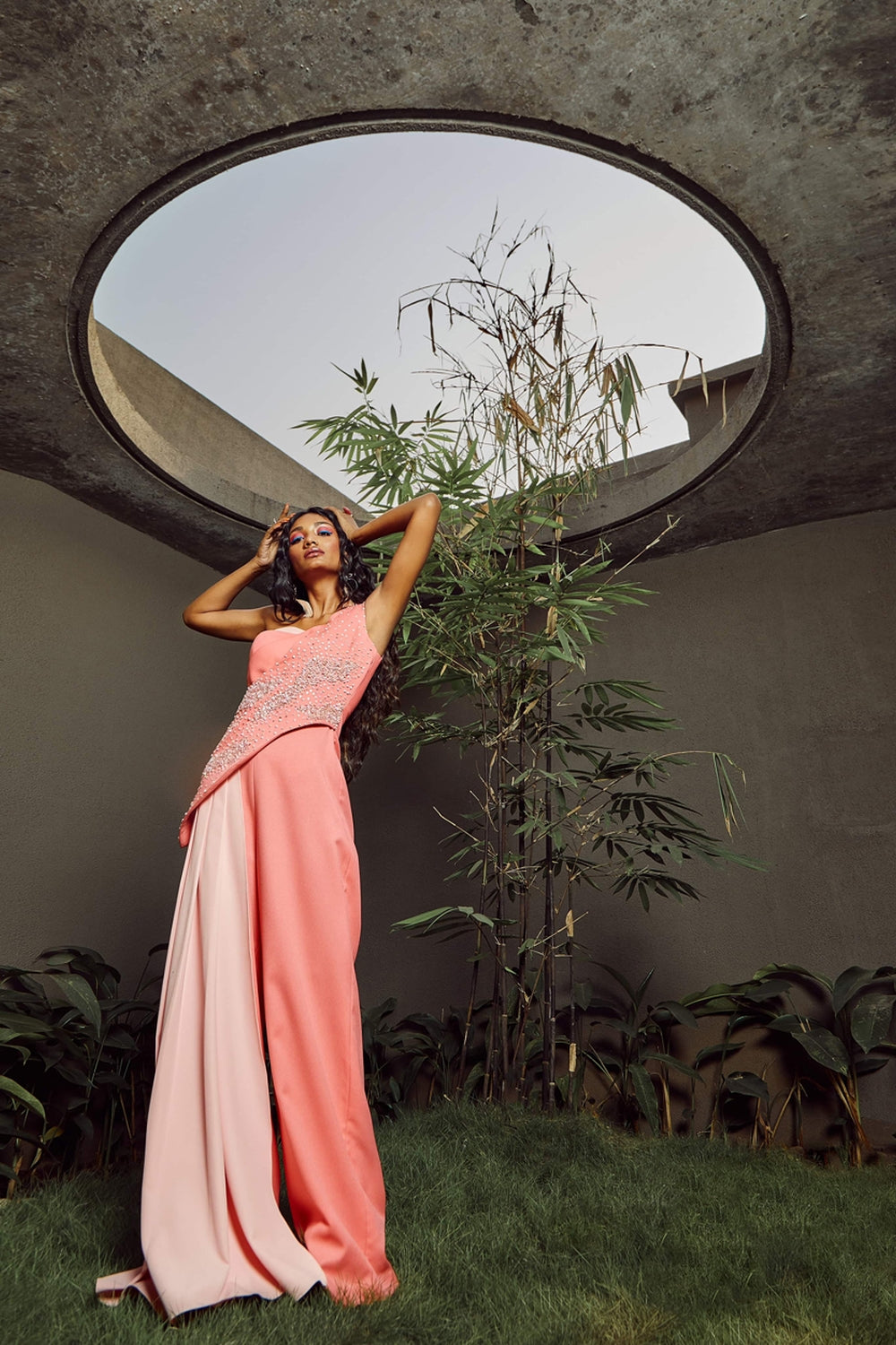 Coral One Shoulder Drape Jumpsuit