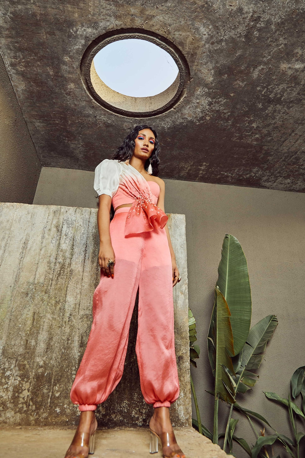 Coral One Shoulder Corallina Bustier Emblazoned With Pants