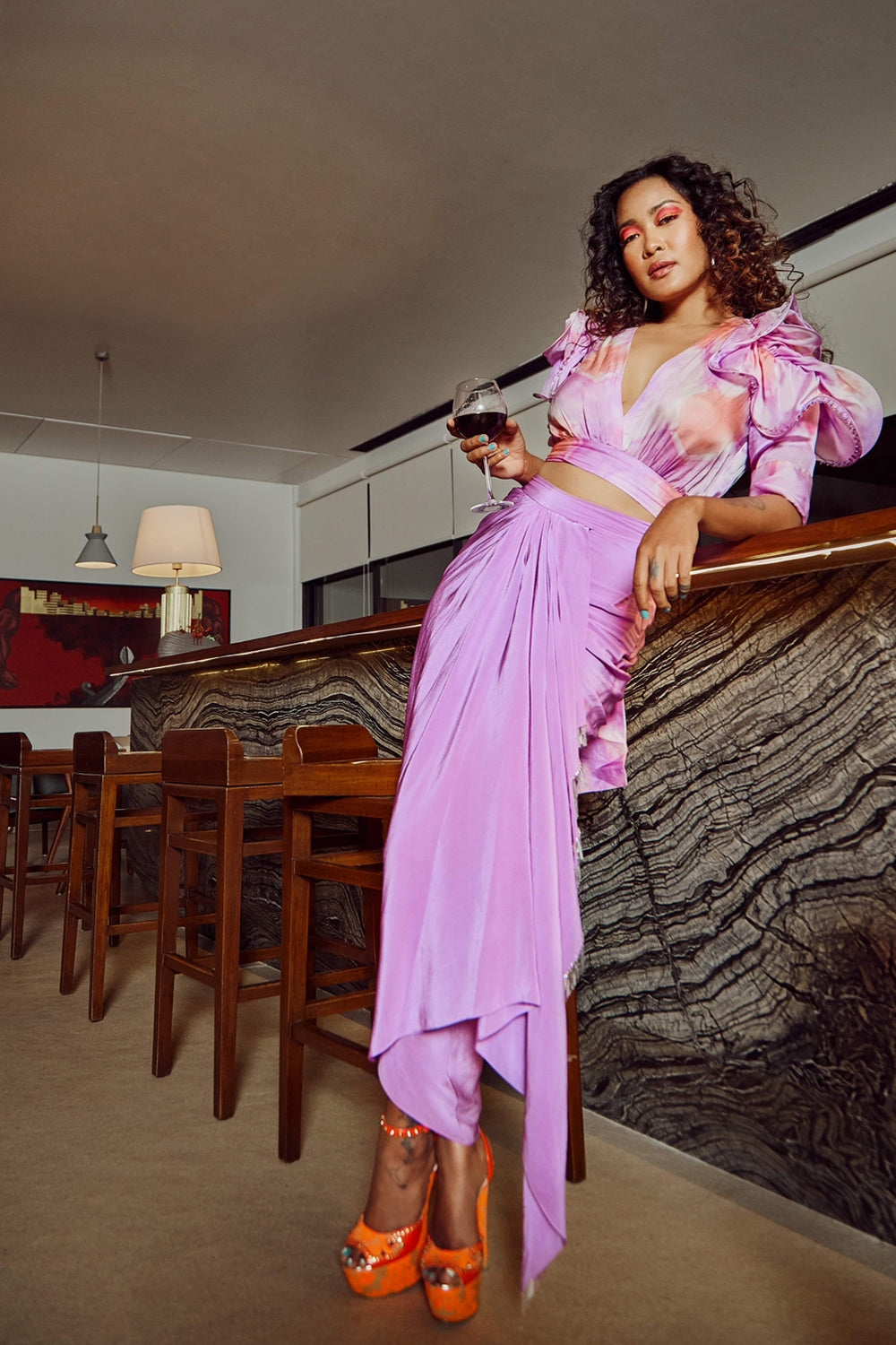 Lavender Hand Textured Silk Chiffon Overlap Top With Skirt