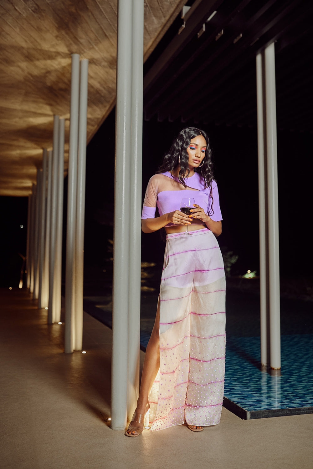 Ivory High Slit Tie-Dye Trousers With Crop Top